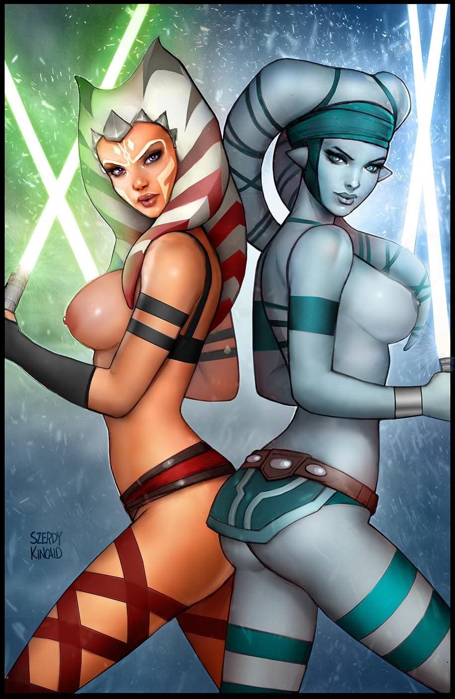 2girls aayla_secura ahsoka_tano alien_girl ass back_to_back bare_breasts bare_chest big_breasts blue_eyes blue_lightsaber blue_skin breasts clone_wars curvy female_focus female_only green_lightsaber humanoid lightsaber lingerie looking_at_viewer multiple_girls nathan_szerdy nipples orange_skin pose ryan_kincaid sideboob smile standing star_wars the_clone_wars:_season_four togruta topless twi'lek watermark wide_hips