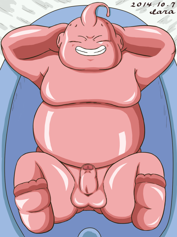 1boy balls dragon_ball dragon_ball_z erection fat fat_buu glistening_body lara_(artist) majin_buu male male_only monster moobs overweight penis pink_body smiling solo solo_male