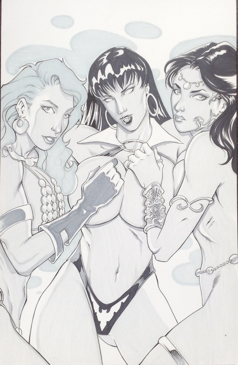 3girls a_princess_of_mars artist_request asymmetrical_docking black_and_white black_hair bracelet chainmail_bikini conan_the_barbarian_(series) crossover dejah_thoris dynamite_comics gloves greyscale harem huge_breasts john_carter_of_mars large_breasts looking_at_viewer red_sonja red_sonja_(comics) vampirella vampirella_(character) voluptuous