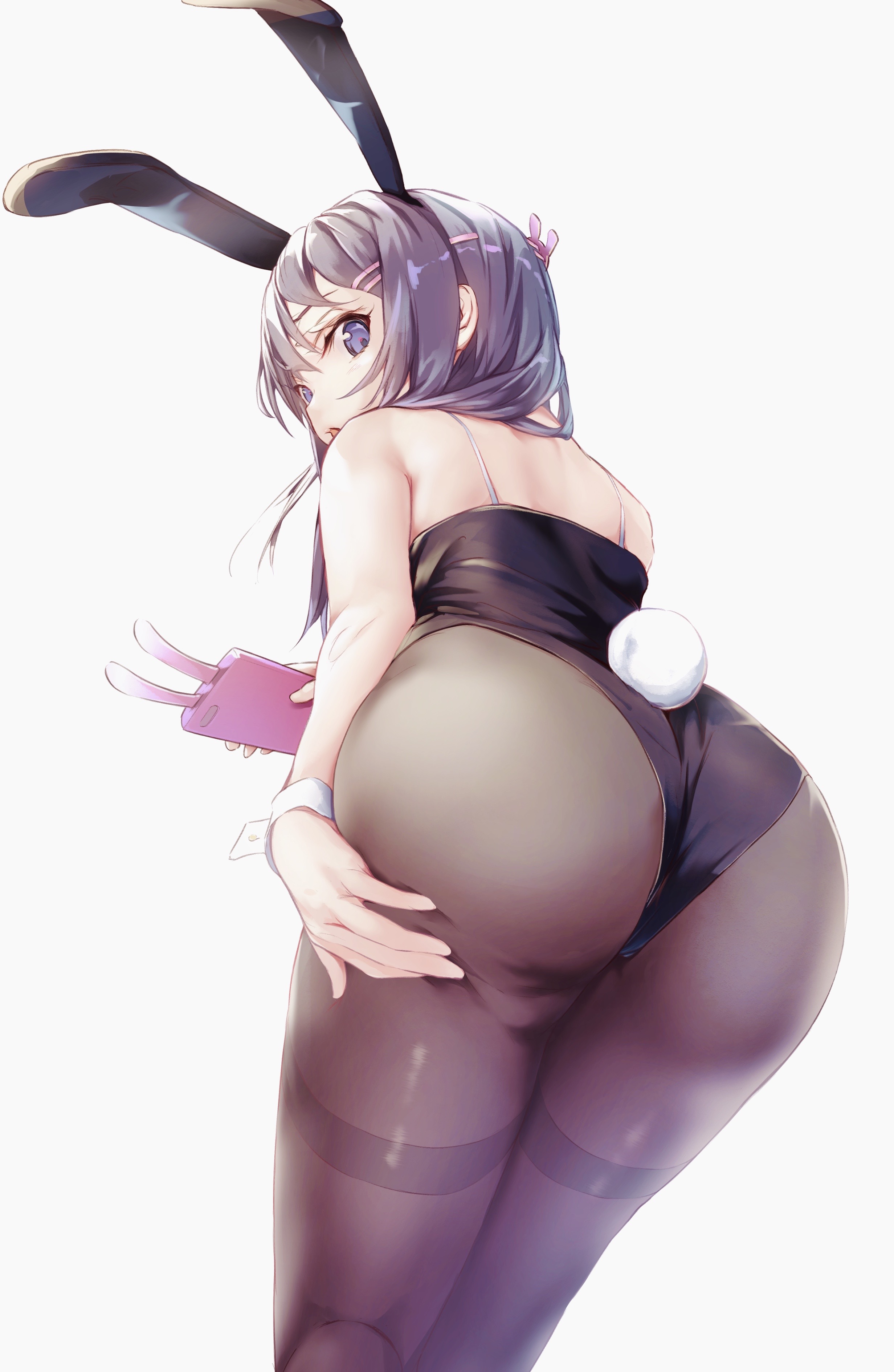 1girls, aotsuki kaoru, ass, ass focus, bare shoulders, black leotard, blue eyes, bunny costume, bunny ears, bunny girl, bunny tail, bunnysuit, cellphone, eyebrows, female, female focus, female only, hairclip, human, kneepits, leotard, looking at viewer, looking down, low-angle view, pantyhose, sakurajima mai, seishun buta yarou wa bunny girl senpai no yume wo minai, simple background, smartphone, solo, solo female, solo focus, standing, white background