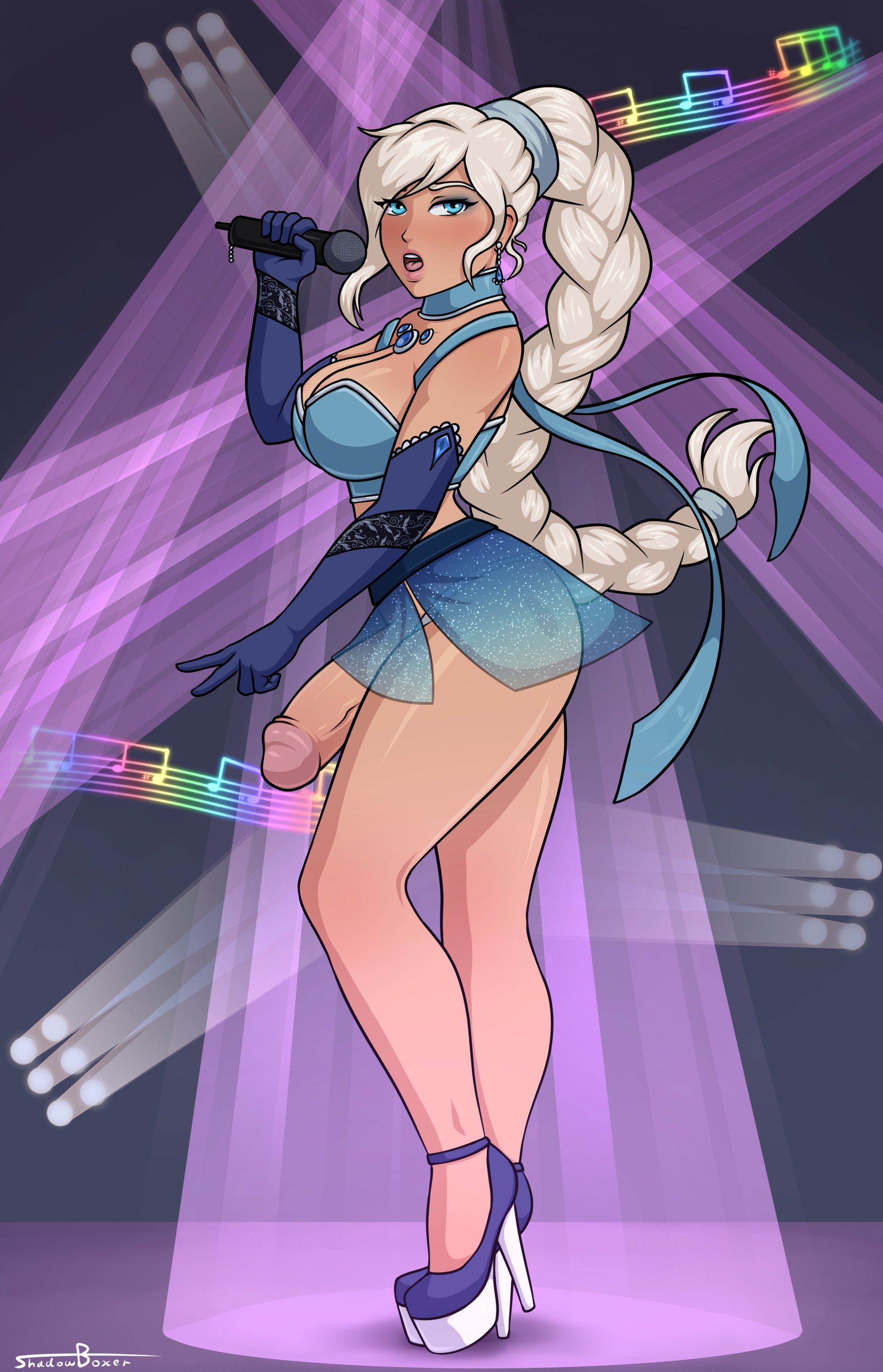 1futa, areolae, big breasts, big penis, blue eyes, braided ponytail, breasts, clothed, clothing, elbow gloves, eyeshadow, futa only, futanari, gloves, heels, hi res, high heels, human, intersex, lips, looking at viewer, microphone, mostly nude, nipples, open mouth, penis, platform heels, rwby, see-through, shadowboxer, solo, stage, standing, tan, weiss schnee, white hair