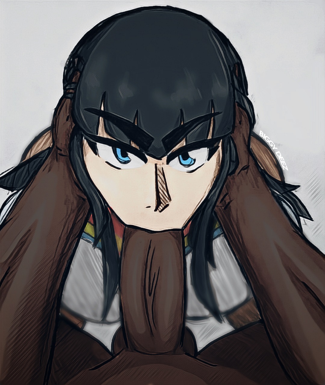 :>=, 1boy, 1girls, big penis, biggy deez, black hair, blowjob, blue eyes, caress, caressing face, dark skin, dark-skinned male, fellatio, female, head grab, holding head, interracial, kill la kill, kiryuuin satsuki, light skin, light-skinned female, looking at viewer, looking up, male, on knees, oral, pale skin, pale-skinned female, penis, penis in mouth, studio trigger, traditional media (artwork), unseen male face