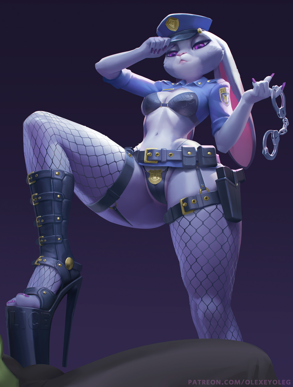 1girls anthro bra breasts cameltoe cleavage clothing disney female female_only furry handcuffs high_heels judy_hopps medium_breasts olexey_oleg open_toe_shoes panties partially_visible_vulva platform_heels police_uniform pussy solo solo_female stockings thighhighs wide_hips zootopia