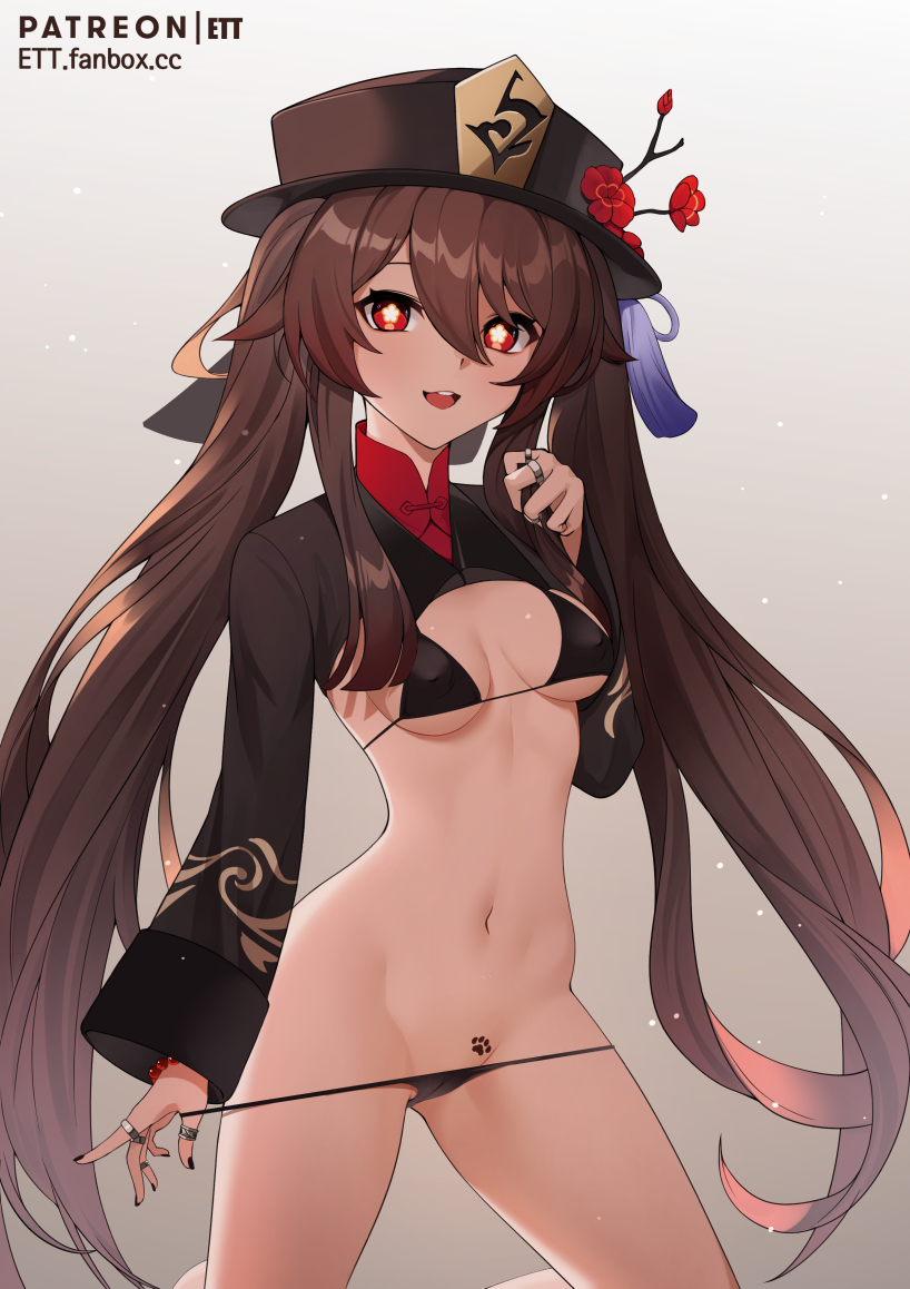 1girls, belly button, bikini, bikini pull, black bikini, breasts, brown hair, cute, ett, female, genshin impact, hat, hu tao (genshin impact), looking at viewer, nail polish, paw print, paw tattoo, paw tattoo pubic, pawprint, petite, red eyes, ring, small breasts, smile, tattoo, teasing, twintails, underboob