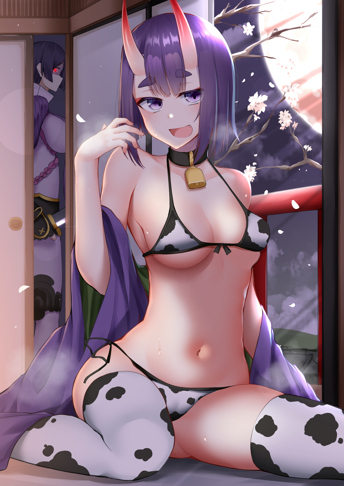 2021, 2girls, angry, belly button, big eyes, bikini, body heat, bodysuit, breasts, choker, cow print, cow print bikini, cowbell, cute fang, demon, demon girl, fate (series), fate/grand order, female, female only, flower, horns, kitajima yuuki, looking at viewer, minamoto no raikou (fate), multiple females, multiple girls, night, oni, oni horns, open mouth, perky breasts, petite, purple eyes, purple hair, red eyes, short eyebrows, short hair, shuten douji (fate), smug face, sweat, swimsuit, thighhighs, thighs, visible breath, weapon