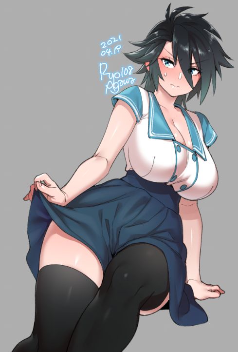 big breasts, blue eyes, blush, breasts, cleavage, embarrassed, female, huge breasts, looking at viewer, ryo agawa, school uniform, schoolgirl, short hair, skirt, skirt lift, sweatdrop, thick thighs, thighhighs, tomboy