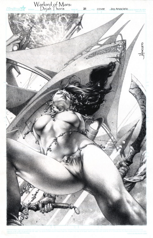 1girls a_princess_of_mars airship barsoom belly_chain black_hair dejah_thoris greyscale jay_anacleto john_carter_of_mars large_breasts long_hair monochrome moon sword topless viewed_from_below