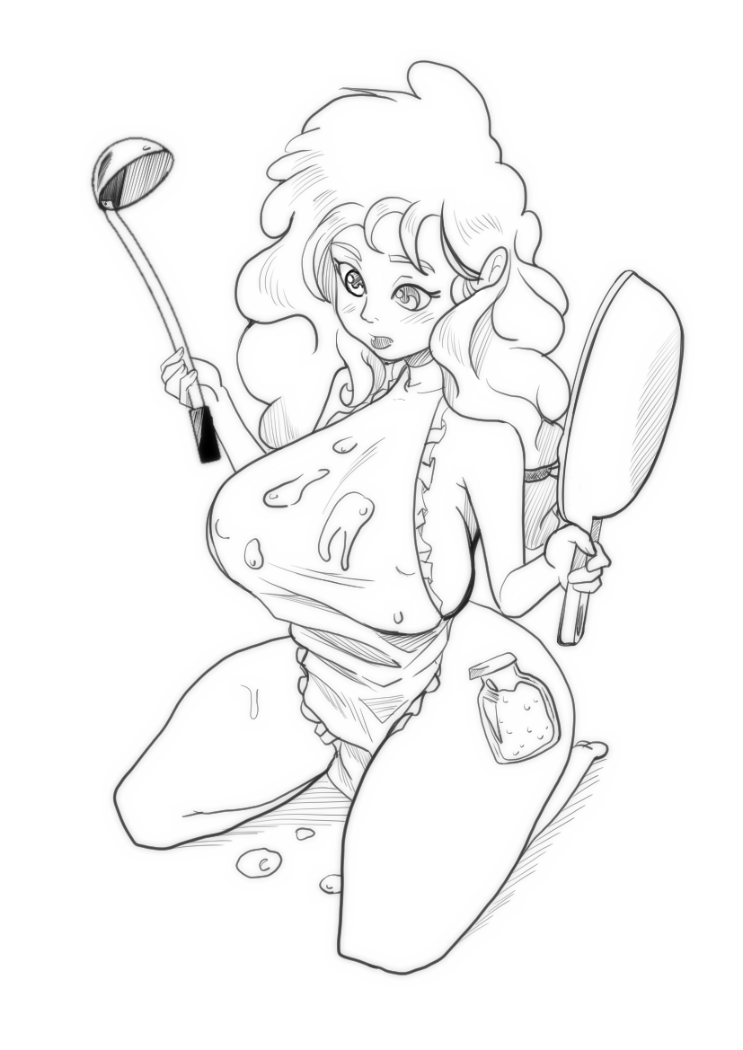 apron black_and_white cutie_mark friendship_is_magic frying_pan humanized kneeling ladle large_breasts long_hair my_little_pony naked_apron pear_butter_(mlp) thick_thighs voluptuous xxangeluciferxx