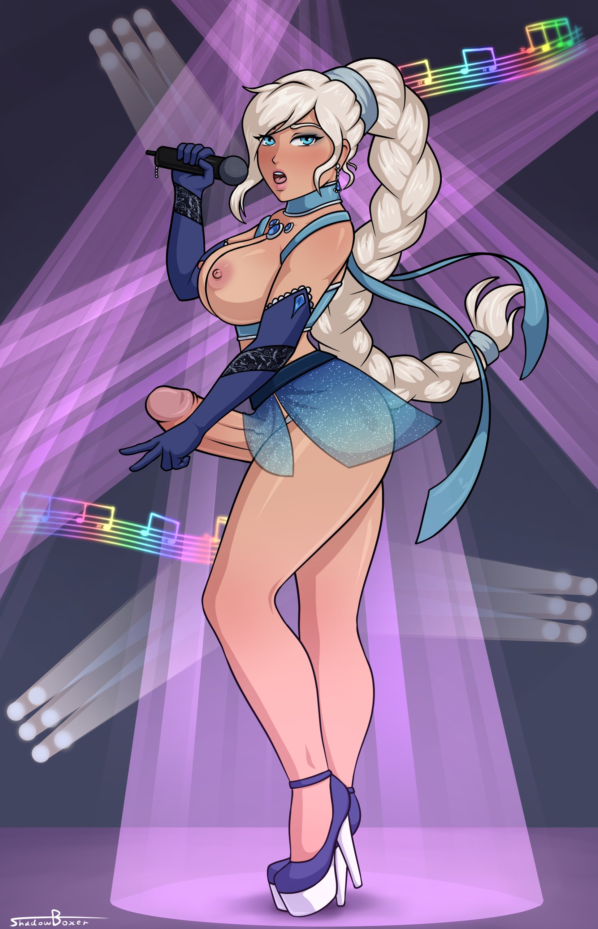 1futa, areolae, big breasts, big penis, blue eyes, braided ponytail, breasts, clothed, clothing, elbow gloves, erection, eyeshadow, futa only, futanari, gloves, heels, hi res, high heels, human, intersex, lips, looking at viewer, microphone, mostly nude, nipples, open mouth, penis, rwby, see-through, shadowboxer, solo, stage, standing, tan, weiss schnee, white hair