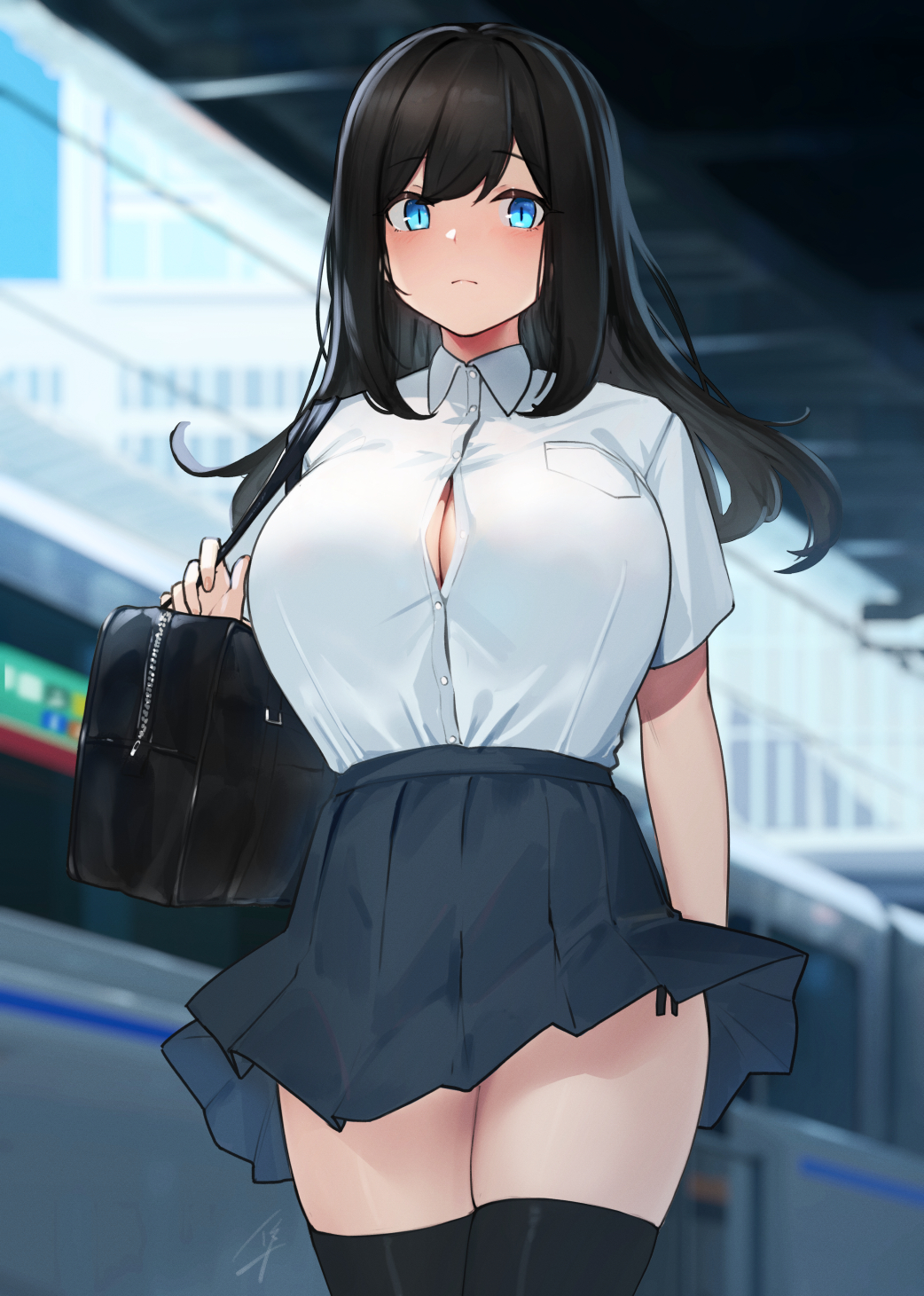 black_hair blue-eyed_girl_(hayabusa) blue_eyes cleavage curvy female hayabusa huge_breasts kneesocks long_hair looking_at_viewer open_shirt original outdoor school_uniform schoolgirl skirt thick_thighs