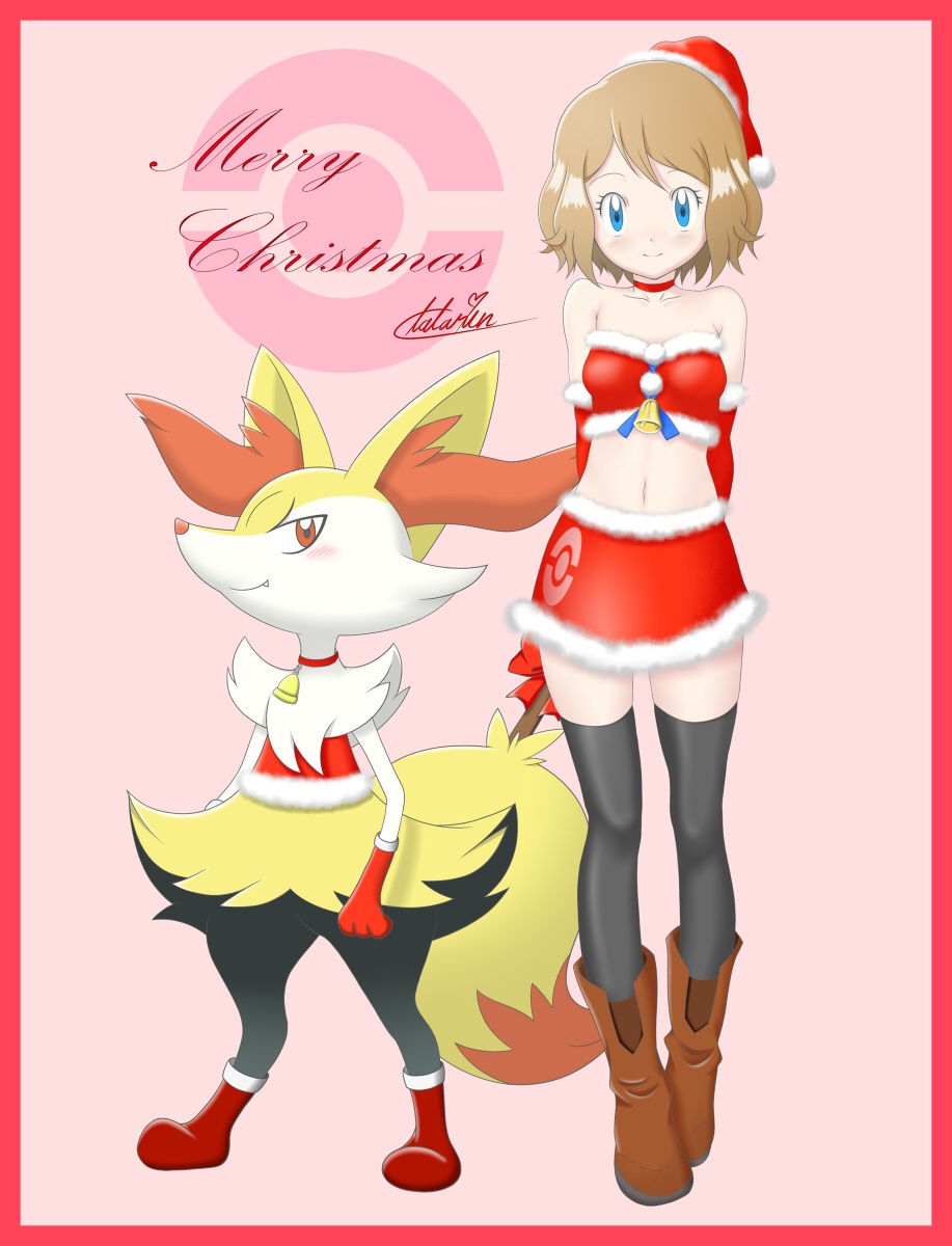 ass bell bikini blackjoe01 blue_eyes blush bow braixen breasts christmas collar creatures_(company) dress female game_freak hat highres honey_blonde_hair looking_at_viewer nintendo not_porn pokémon_(species) pokemon pokemon_(anime) pokemon_(game) pokemon_(species) red_bow red_skirt santa_costume serena_(pokemon) short_hair skirt solo thighhighs