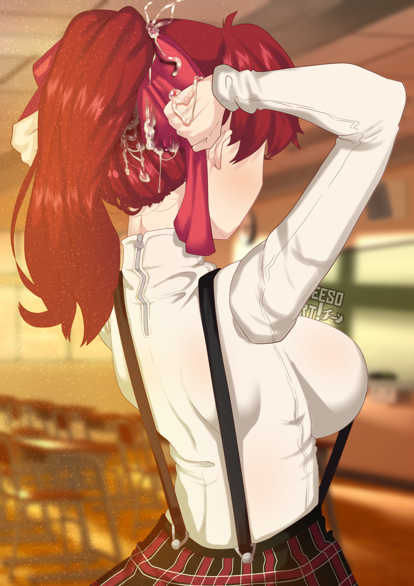breasts, cheesoart, cum, cum in hair, cum on hair, cum on hand, female, female focus, female only, kasumi yoshizawa, oblivious, persona, persona 5, persona 5 royal, ponytail, red hair, school uniform, strap gap, sumire yoshizawa, suspenders, unaware