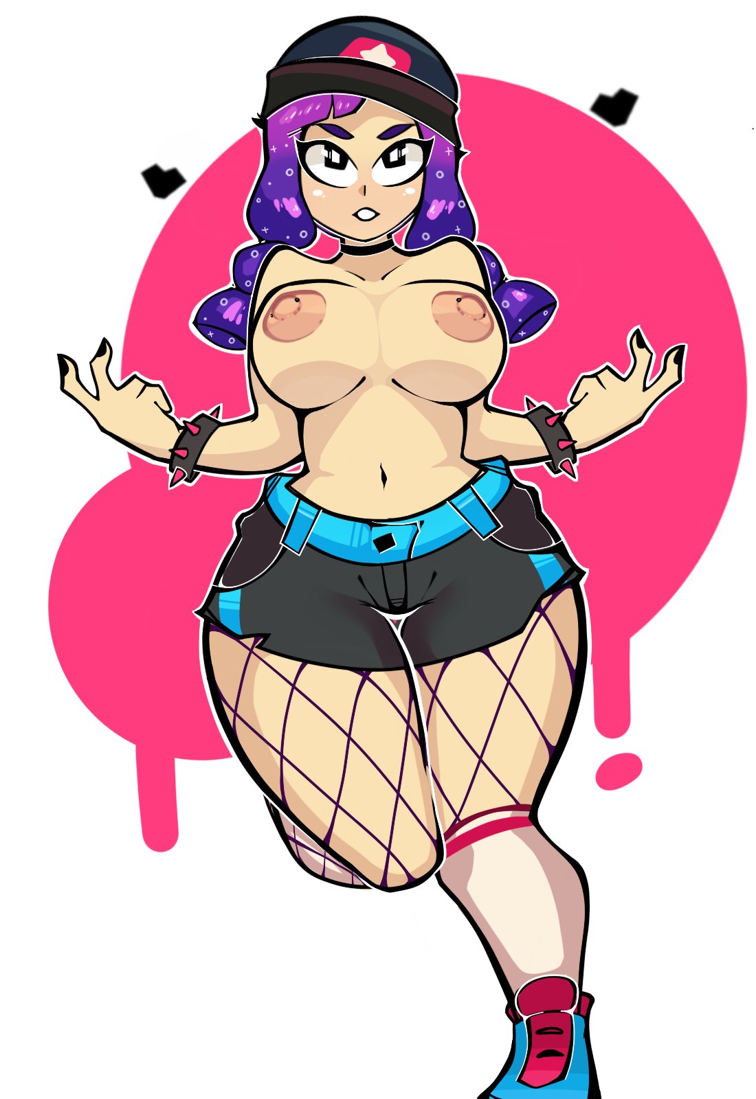 :< bibi_(brawl_stars) big_ass big_breasts brawl_stars heart heroine_bibi purple_hair simple_background squished_breasts