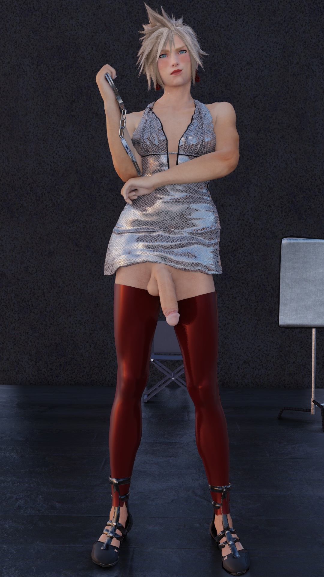1boy, 3d, 3d (artwork), big penis, cloud strife, crossdressing, domination, femboy, final fantasy, final fantasy vii, final fantasy vii remake, handcuffs, high heels, looking down, male, male focus, male only, penis, smile, solo, solo male, tscd rendering, uncensored