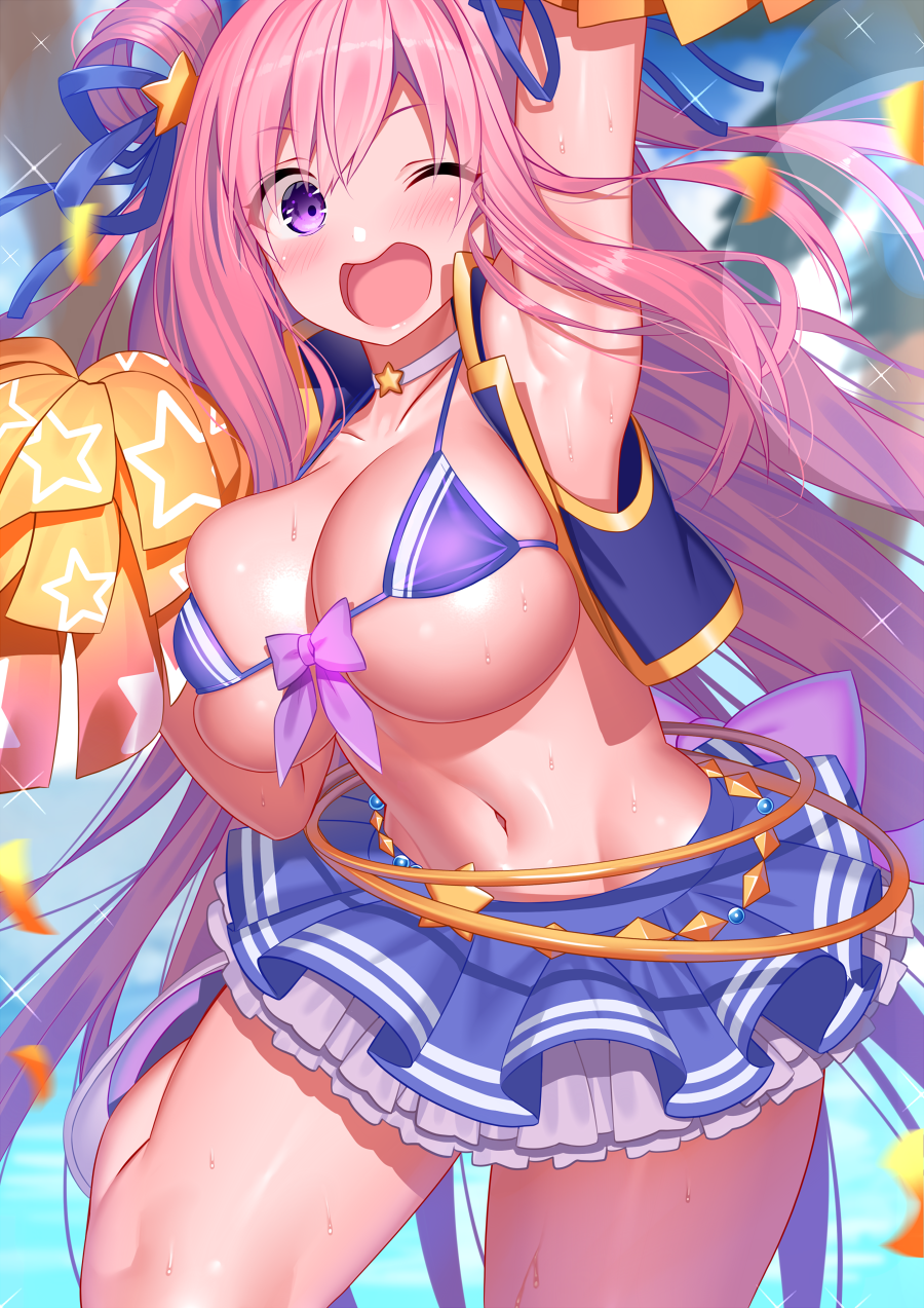 akusema arm_up armpits bangs bikini blue_ribbon blurry blurry_background blurry_foreground blush breasts cheerleader choker cleavage collarbone day eyebrows_visible_through_hair female hair_between_eyes hair_ornament hair_ribbon hair_rings hand_up hatsune_(princess_connect!) highres holding holding_pom_poms large_breasts long_hair looking_at_viewer micro_bikini miniskirt navel one_eye_closed open_mouth outdoors palm_tree pink_hair pleated_skirt pom_poms princess_connect! princess_connect!_re:dive purple_eyes ribbon shiny shiny_hair shiny_skin skirt smile solo sparkle standing standing_on_one_leg star_(symbol) star_hair_ornament string_bikini sweat swimsuit thighs tree underboob water