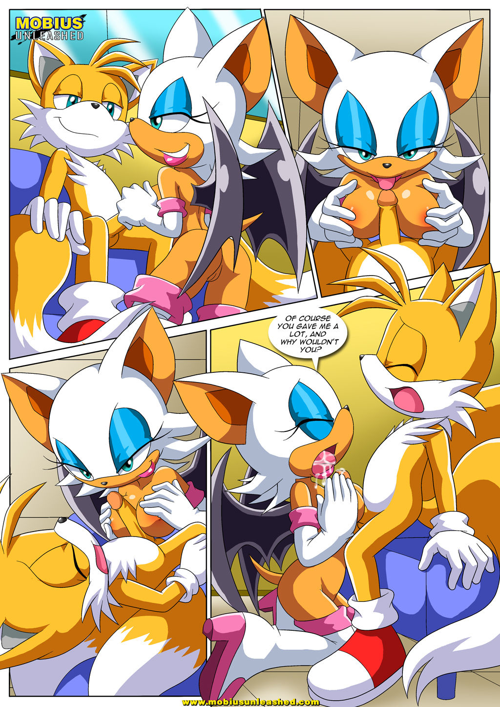 1boy, 1girls, age difference, animal genitalia, anthro, bbmbbf, breasts, cum, cum in mouth, female, furry, gloves, kneeling, licking, licking penis, male, mobius unleashed, paizuri, palcomix, penis, rouge the bat, sitting, smirk, sonic (series), tails, tails the fox