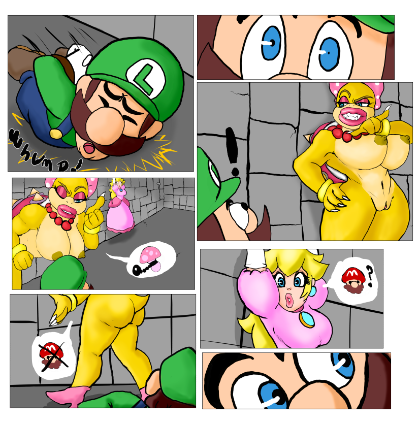 anthro ass big_breasts big_butt blonde_hair blue_eyes bondage bound breasts claws clothed clothing comic comic_page digital_media_(artwork) eyeshadow fangs female genitals grin group hair hat headgear headwear human jewelry koopa koopaling lips lipstick luigi makeup male male/female mammal mario_(series) nekomajinsama nintendo nipples nude princess_peach pussy scalie simple_background smile super_mario_bros. thick_lips video_games wendy_o._koopa