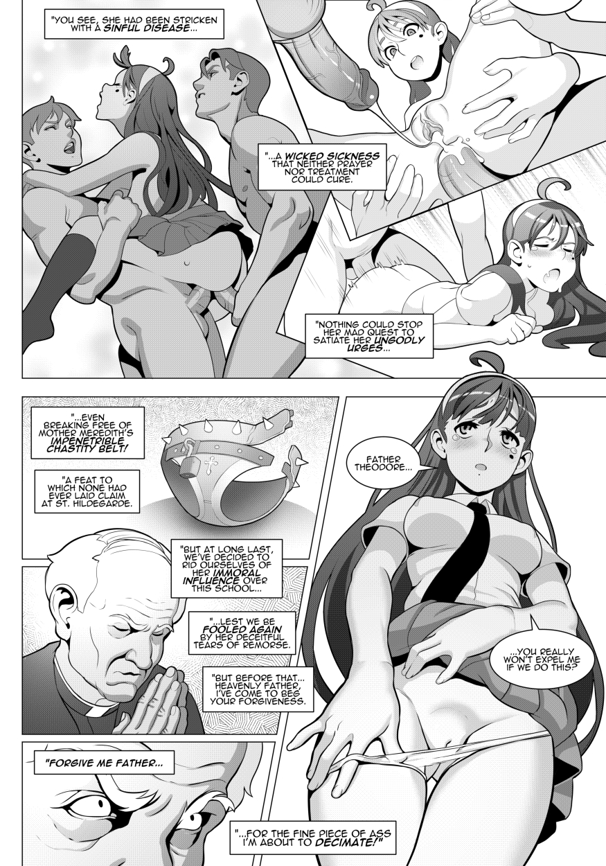 1girls, 2d, 3boys, anal, anal sex, anus, ass, beauty mark, black and white, blackmail, blush, bottomless, breasts, chastity, chastity belt, chastity device, christianity, closed eyes, comic, cum, cum in ass, cum in pussy, cum inside, double penetration, erotibot, female, female chastity, from behind, greyscale, hairband, kneehighs, long hair, male, medium breasts, motion lines, multiple boys, multiple males, necktie, nipples, nipples visible through clothing, no panties, open mouth, panties down, panty pull, penis, priest, pussy, school uniform, sex, skirt, skirt up, socks, spread legs, straight, sweat, text, thigh gap, threesome, topless, uncensored, vaginal penetration, veiny penis