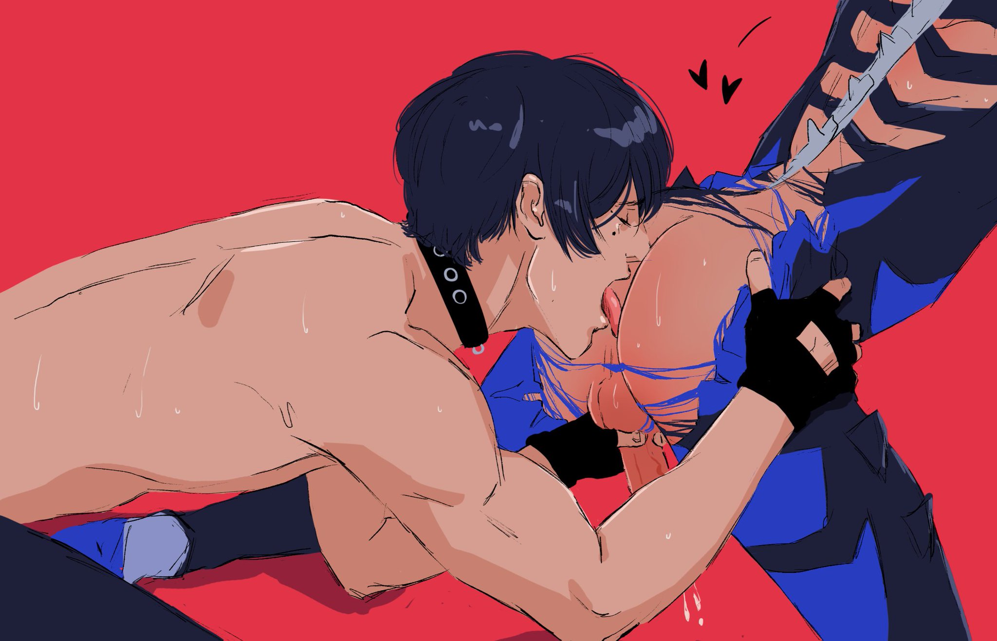 2boys, adam (sk8 the infinity), ainosuke shindo, bare back, bare shoulders, bodily fluids, closed eyes, cock ring, collar, cum, erect while rimmed, fingerless gloves, gay, genital fluids, genitals, holding penis, licking, licking anus, licking ass, male, male only, male/male, penis, rimjob, rimming, ripped, ripped clothing, shirtless, shirtless (male), sk8 the infinity, snake (sk8 the infinity), tadashi kikuchi, tiredfujoshi, tongue, tongue out, uncensored, yaoi