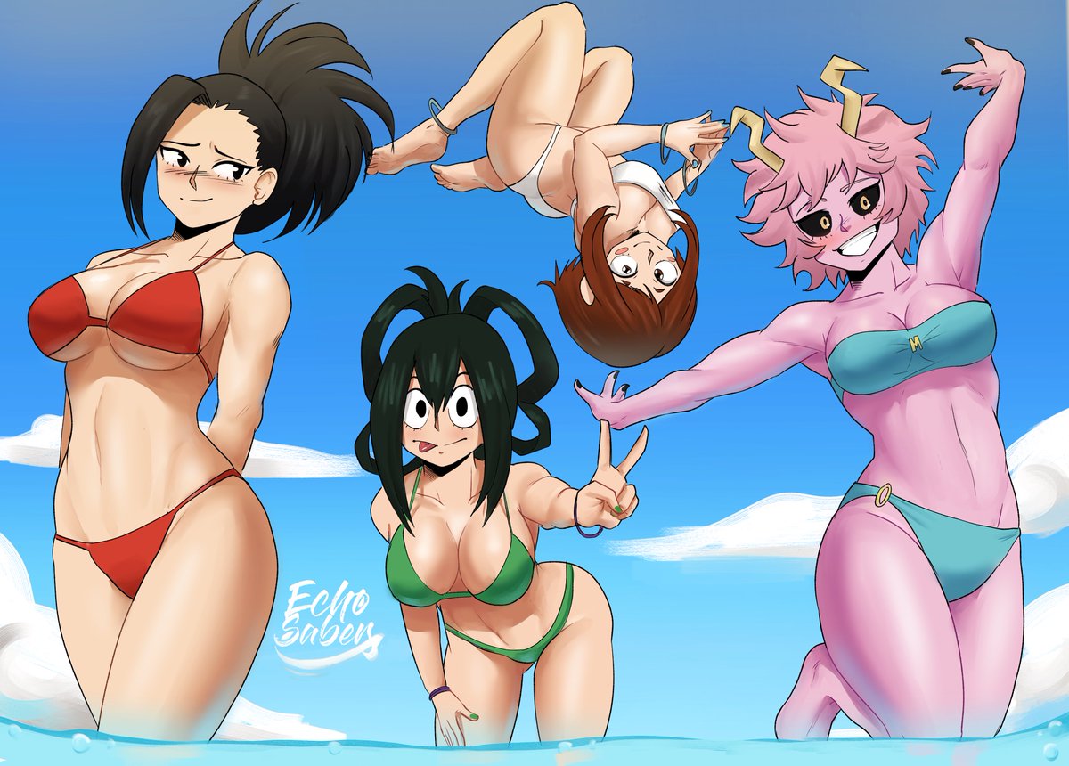 4girls beach bikini black_hair blue_bikini blue_sky blush breasts brown_hair cleavage echosaber female female_only floating green_bikini green_hair grin large_breasts looking_at_viewer mina_ashido momo_yaoyorozu multiple_girls my_hero_academia ocean ochako_uraraka peace_sign pink_hair pink_skin red_bikini short_hair short_pink_hair shounen_jump shy_smile smile summer tongue_out tsuyu_asui white_bikini