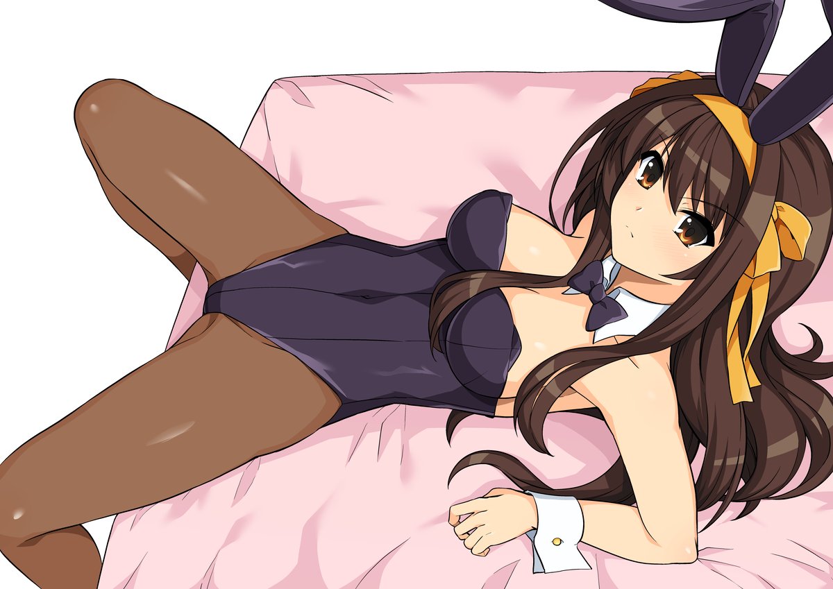 1girls, bed, breasts, bunnysuit, clothing, fake animal ears, female, haruhisky, leotard, on back, pantyhose, small breasts, solo, spread legs, suzumiya haruhi, suzumiya haruhi no yuuutsu
