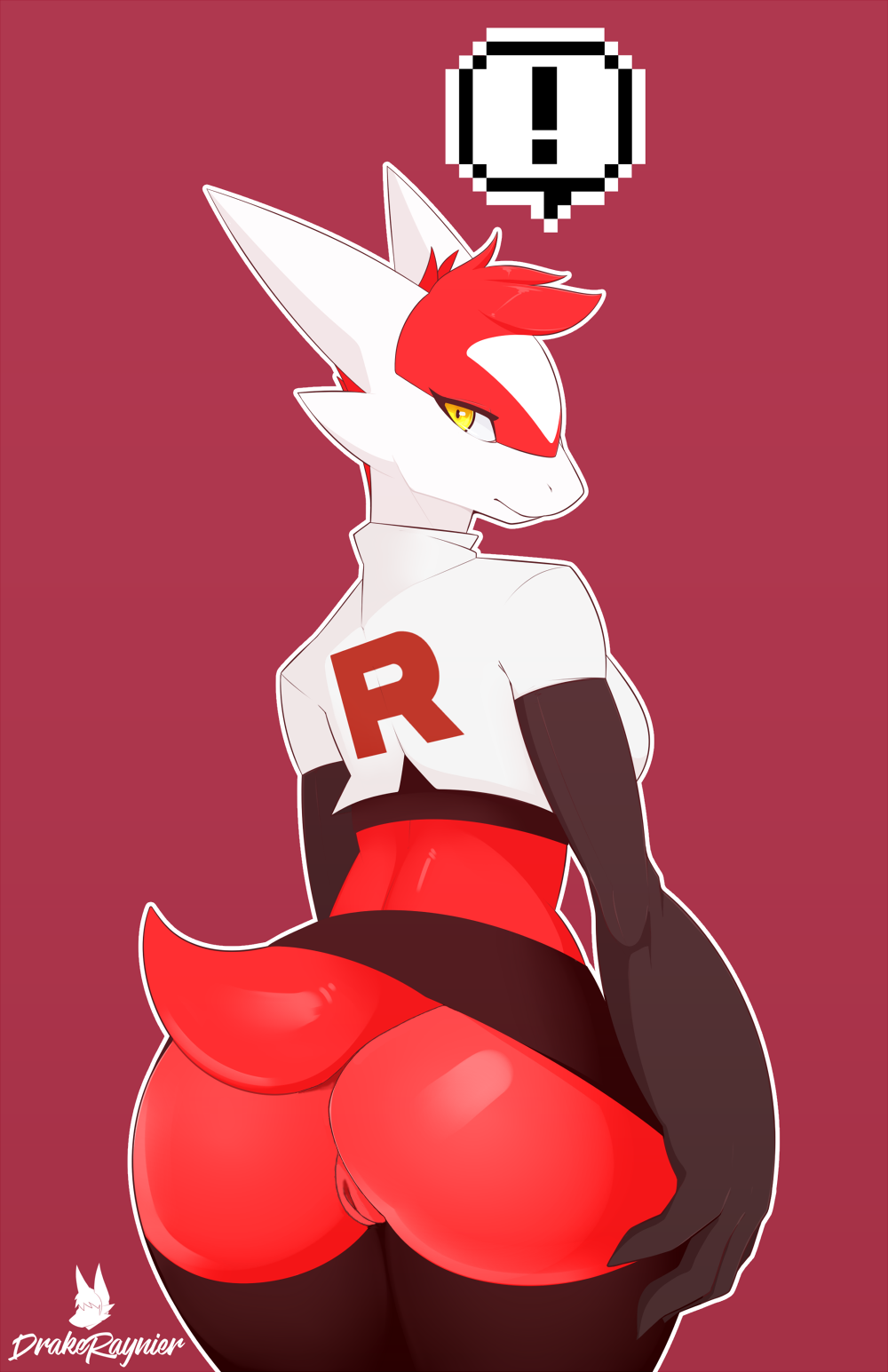 ! anthro anthrofied ass big_butt bottomwear breasts butt_focus clothing crop_top drakeraynier edit female genitals gloves hair handwear hi_res latias legendary_pokémon legwear looking_at_viewer looking_back miniskirt nintendo pinup pokémorph pokemon pokemon_(species) pose pussy rear_view red_hair shirt short_jacket simple_background skirt skyela_(drakeraynier) solo stockings team_rocket text text_on_clothing thigh_highs topwear video_games yellow_eyes