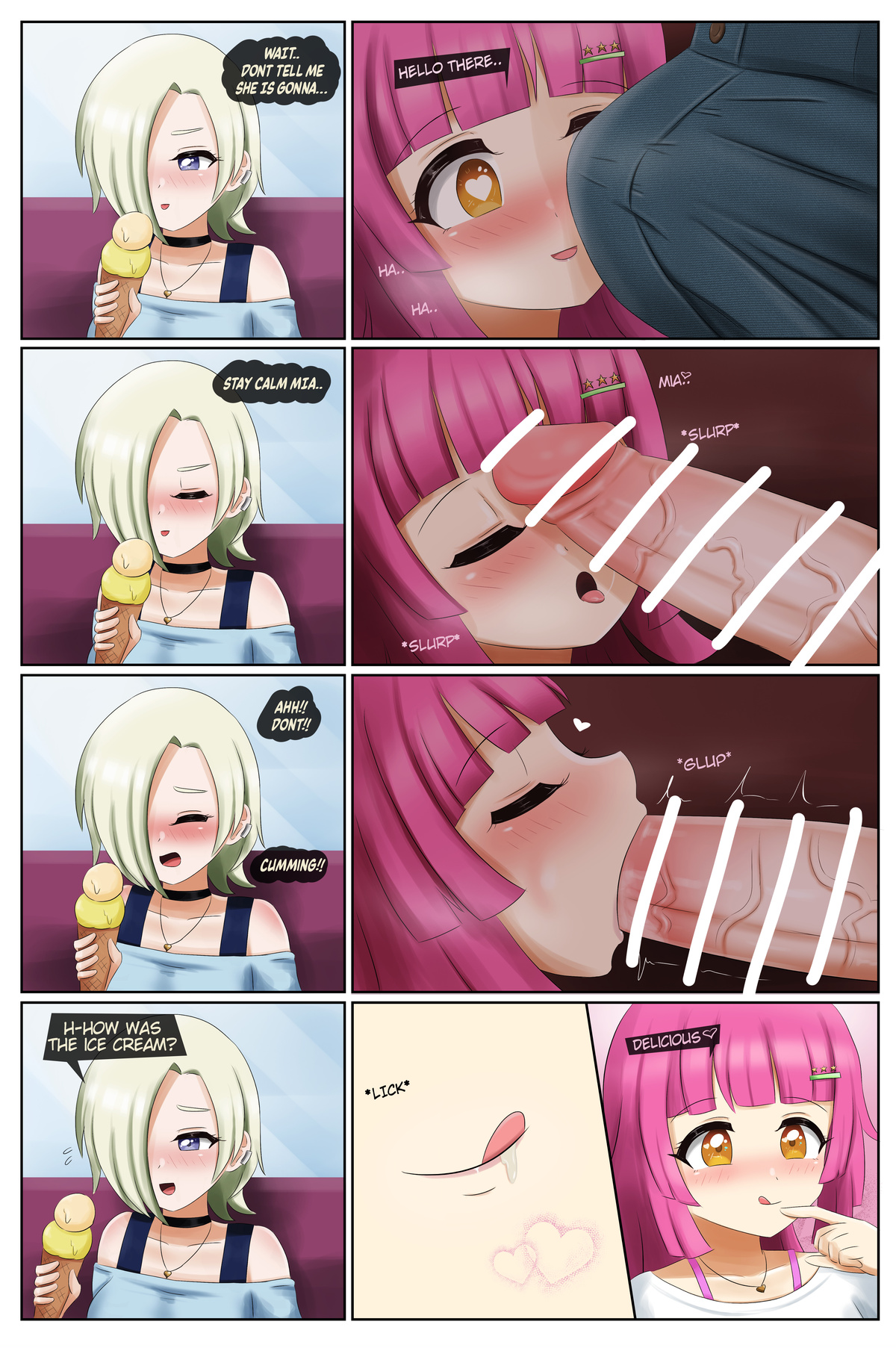 1futa, 1girls, bangs, bar censor, big penis, blowjob, breasts, censored, clothed, clothed sex, clothing, comic, danzfloor, dialogue, duo, english text, erection, fellatio, female, futa on female, futanari, green hair, human, intersex, light skin, light-skinned female, light-skinned futa, love live!, love live! nijigasaki high school idol club, mia taylor, mostly clothed, penis, pink hair, short hair, tennouji rina, text, under the table