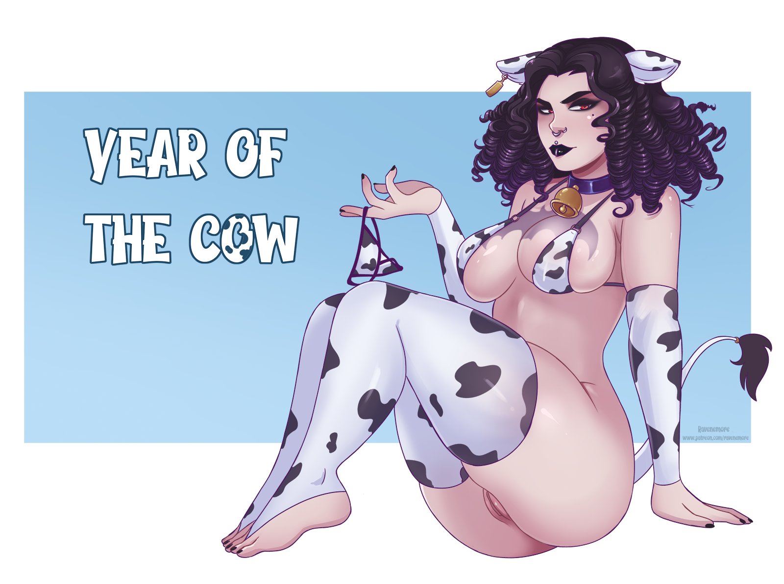 1girls, beauty mark, bell choker, bikini, bikini bottom removed, black hair, black lipstick, breasts, choker, cow ears, cow print, cow print armwear, cow print bikini, cow print thighhighs, cow tail, curly hair, ear tag, eyeshadow, female, female only, goth, large breasts, lip piercing, lipstick, long hair, mascara, multiple piercings, nail polish, nemore (ravenemore), nose piercing, original, original character, pale skin, pussy, ravenemore, red eyes, seductive look, sitting, skimpy bikini, solo, thick thighs, thighhighs, year of the cow