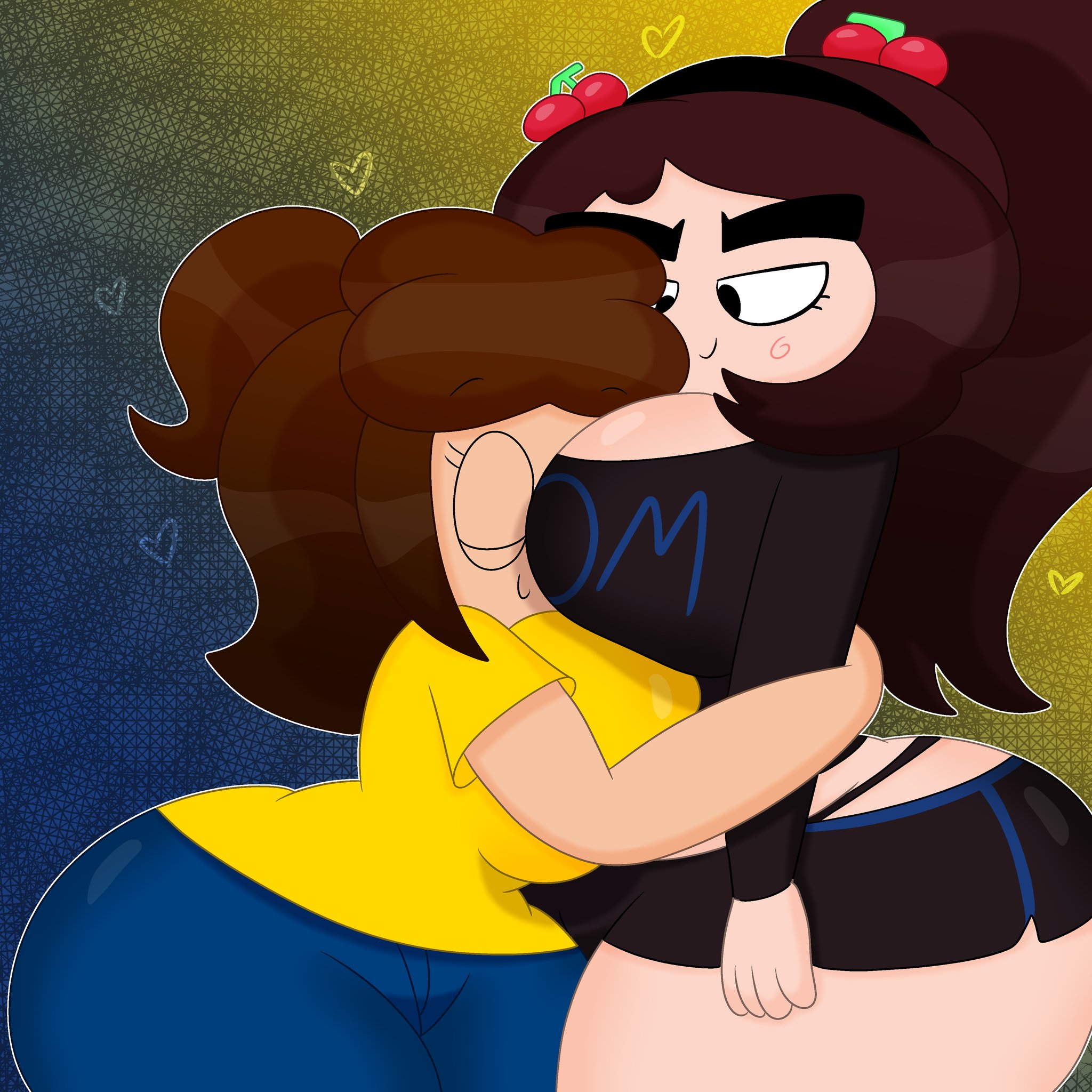 2girls, 3barts, ass, big ass, big breasts, big hips, black shirt, breasts, brown hair, cleavage, closed eyes, face in breasts, female, female only, femscrub (somescrub), hugging, jess (3barts), milf, short shorts, smile, somescrub, tagme, thick thighs, thong, twintails, twitter, yellow shirt, yuri