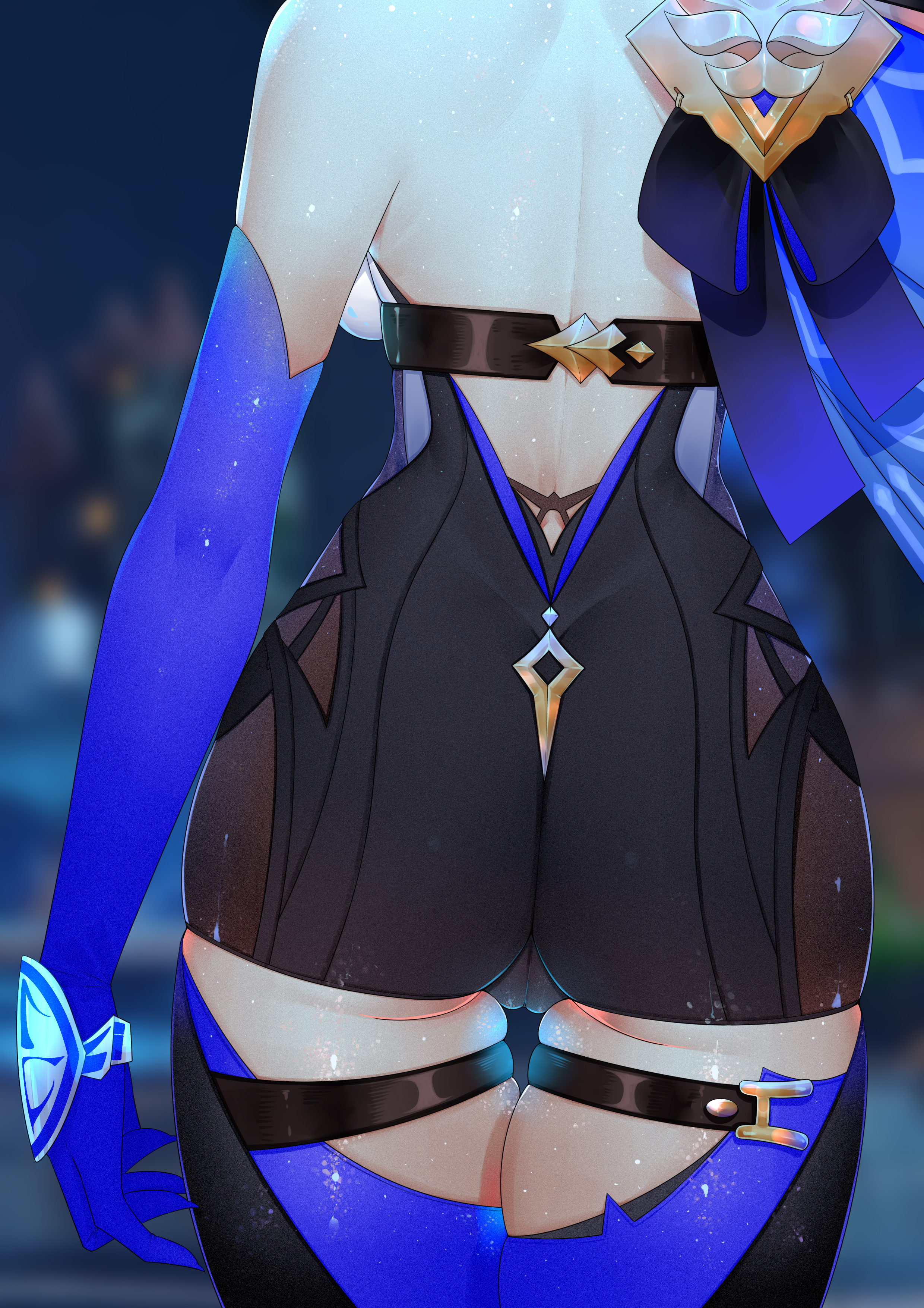 1girls, absurdres, ass, back, back view, bare shoulders, cameltoe, eula (genshin impact), female, from behind, genshin impact, highres, pussy, skindentation, solo, thick thighs, thighhighs, wide hips
