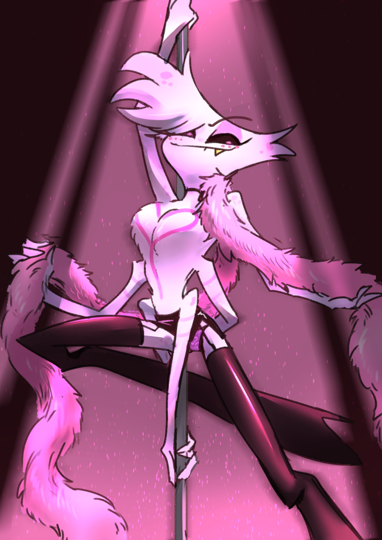 1boy, 6 arms, angel dust (hazbin hotel), arms above head, arms behind back, biting lip, biting own lip, chest tuft, choker, dancing, demon, garter belt, hazbin hotel, heart, looking down, male, male only, multi arm, multi limb, panties, skirt, skirt lift, smile, smiling, solo male, spider, stripper pole, thighhighs, thighs, topless, vivienne medrano, white body, white hair