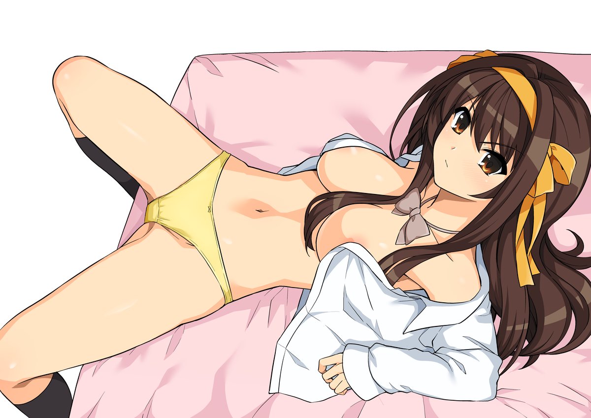 1girls, bangs, big breasts, bow, breasts, brown eyes, brown hair, clothing, female, frown, hair ribbon, haruhisky, large breasts, light skin, long hair, medium breasts, nipples visible through clothing, open shirt, panties, shirt, socks, solo, spread legs, straight hair, suzumiya haruhi, suzumiya haruhi no yuuutsu, thighs, white skin