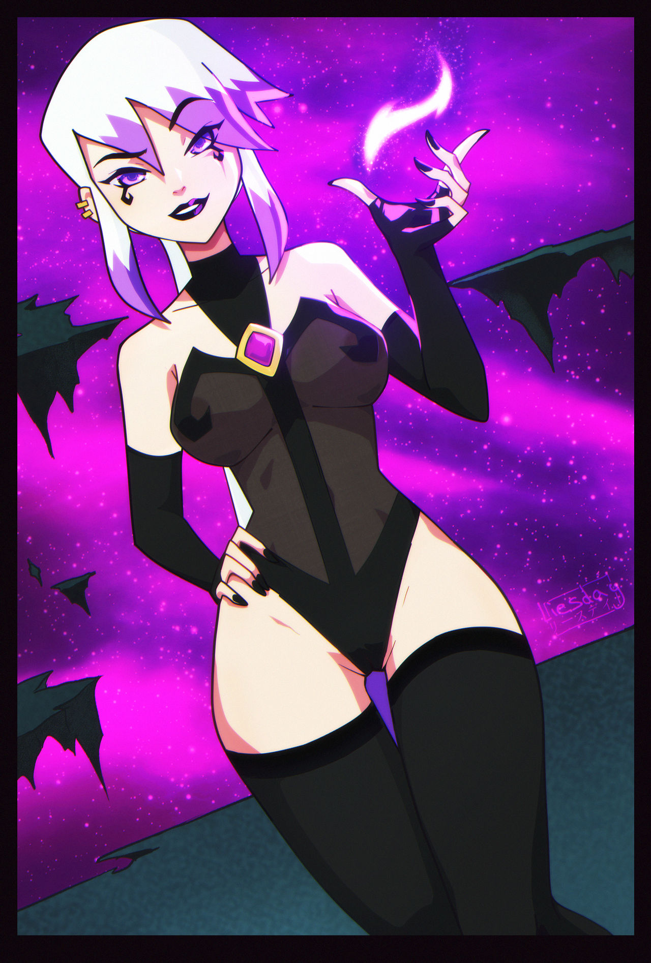 1girls ben_10 ben_10_omniverse breasts cartoon_network charmcaster detached_sleeves female fingerless_gloves hand_on_hip liesday long_hair looking_at_viewer purple_eyes revealing_clothes see-through_clothing silver_hair thighhighs