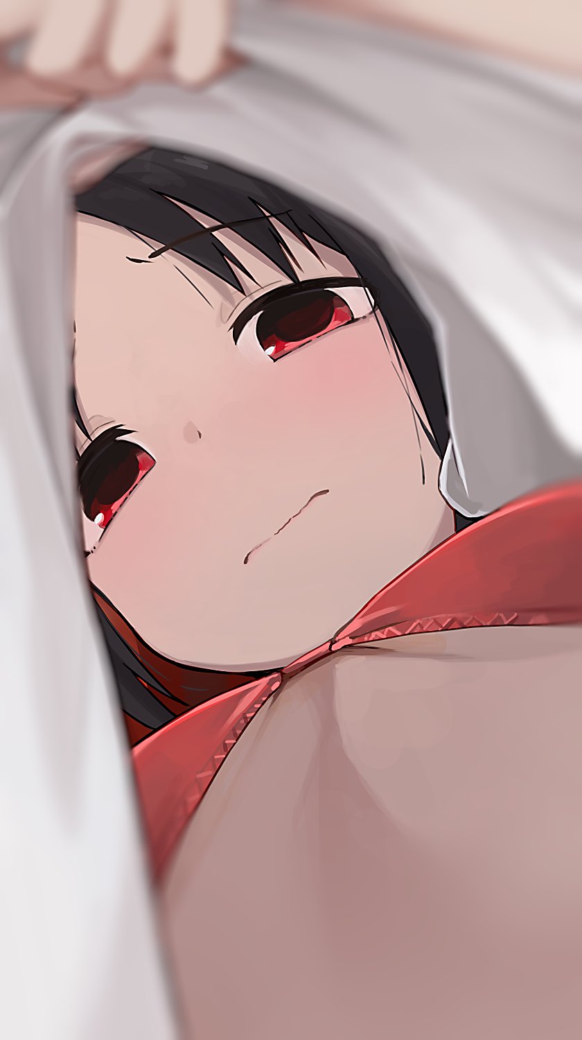 1girls, black hair, bra, breasts, female, hiroki yyqw7151, kaguya-sama wa kokurasetai ~tensai-tachi no renai zunousen~, looking at viewer, looking through clothes, red eyes, shinomiya kaguya, small breasts, solo, underboob, underwear, viewed from below