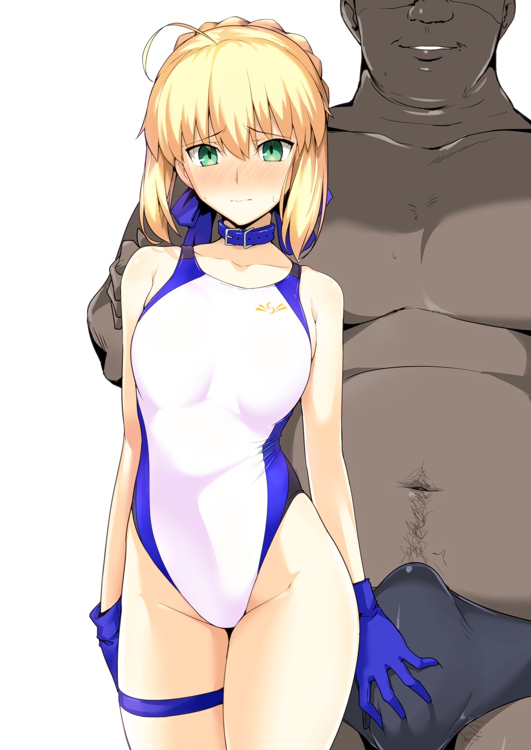 1boy 1girls artoria_pendragon bangs blonde_hair blue_swimsuit blush collar dark-skinned_male erection_under_clothes fat_man fate/grand_order fate/stay_night fate_(series) feet_out_of_frame gloves green_eyes halcon harukon_(halcon) holding_object looking_at_viewer one-piece_swimsuit penis_bulge ribbon saber simple_background speedo swimsuit tagme ugly_bastard white_background