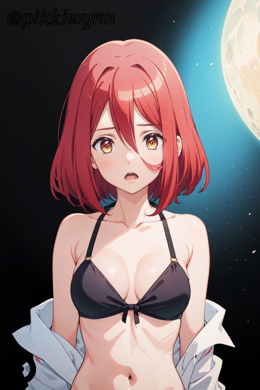 ai_generated bangs bare_shoulders bikini black_bikini breasts collarbone female front-tie_top full_moon grete_(spy_kyoushitsu) hair_between_eyes looking_at_viewer medium_breasts moon navel off_shoulder open_clothes open_mouth pikkiwynn red_hair shirt short_hair solo spy_classroom spy_kyoushitsu stomach swimsuit upper_body white_shirt yellow_eyes