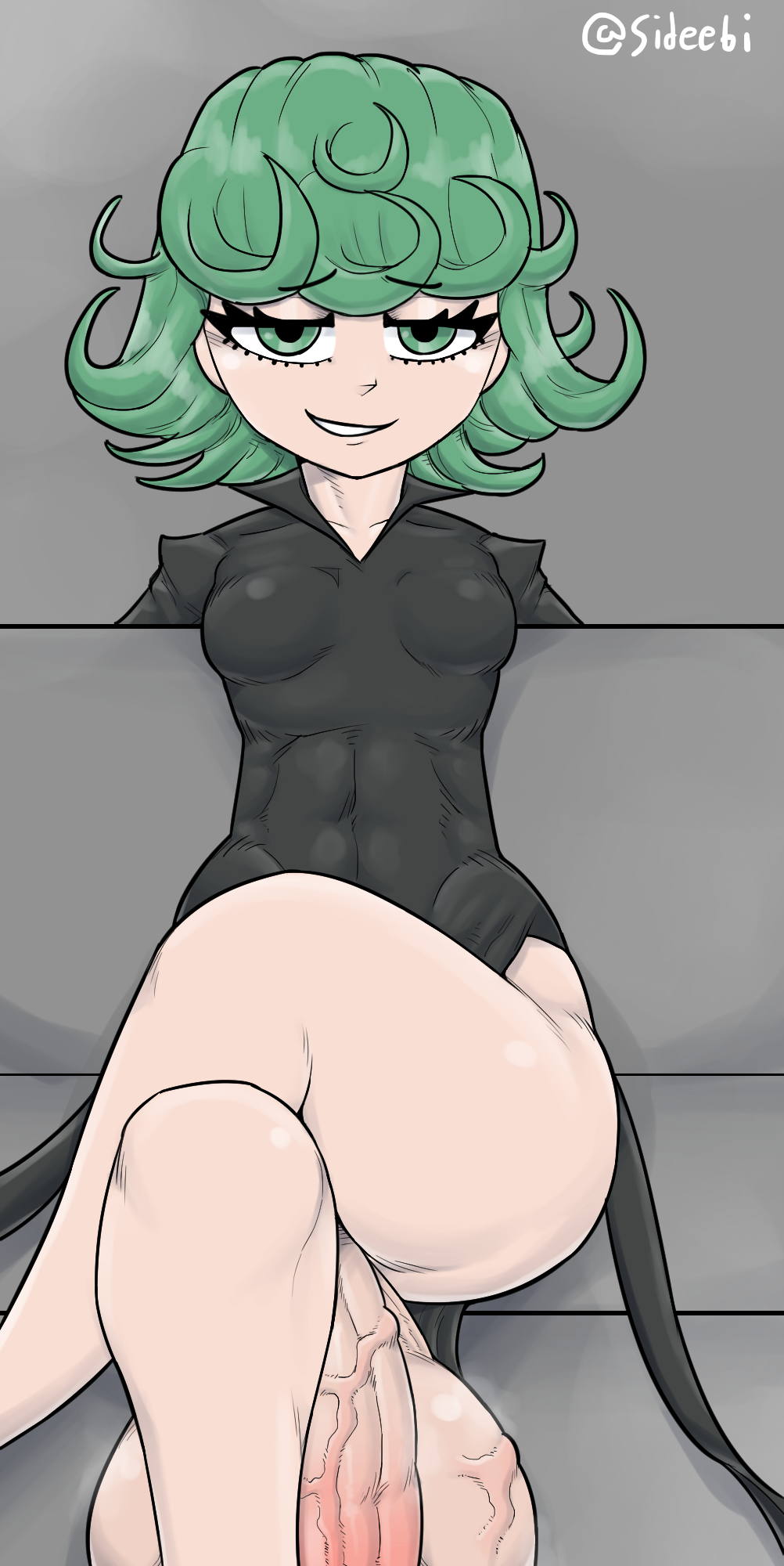 1futa bottom_heavy futa_only futanari green_eyes green_hair hyper hyper_balls hyper_penis one-punch_man partially_clothed sideebi small_breasts smile smug solo solo_futa tatsumaki tight_clothing veiny_penis