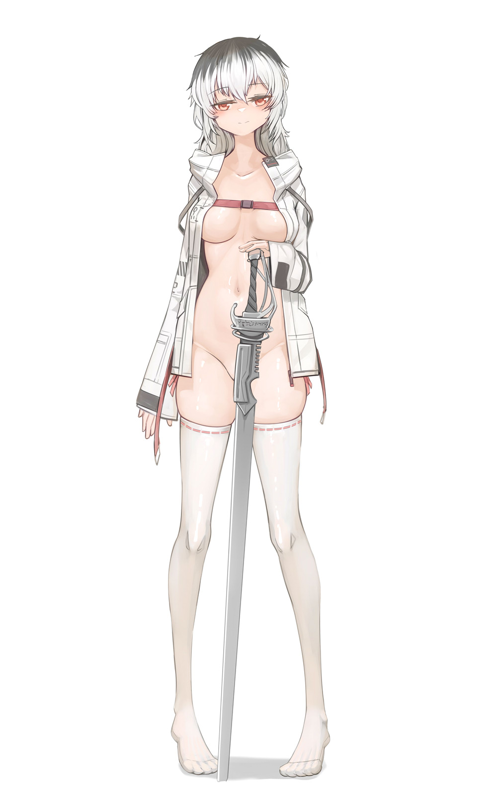 big_breasts feet genek jacket jacket_only long_sleeves looking_at_viewer naked naked_female open_clothes open_jacket orange_eyes panties slim_waist smile smiling_at_viewer socks stockings sword teenager thick_thighs thighhighs white_hair