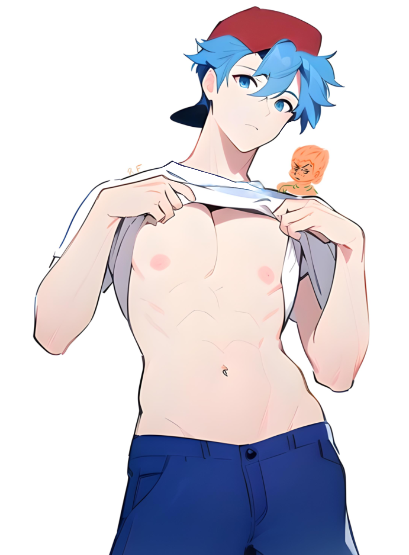 2boys ai_generated blue_eyes blue_hair blue_pants boyfriend_(friday_night_funkin) focus friday_night_funkin looking_at_viewer male_only pico_(newgrounds) pink_nipples red_cap shirt_lift tagme white_shirt