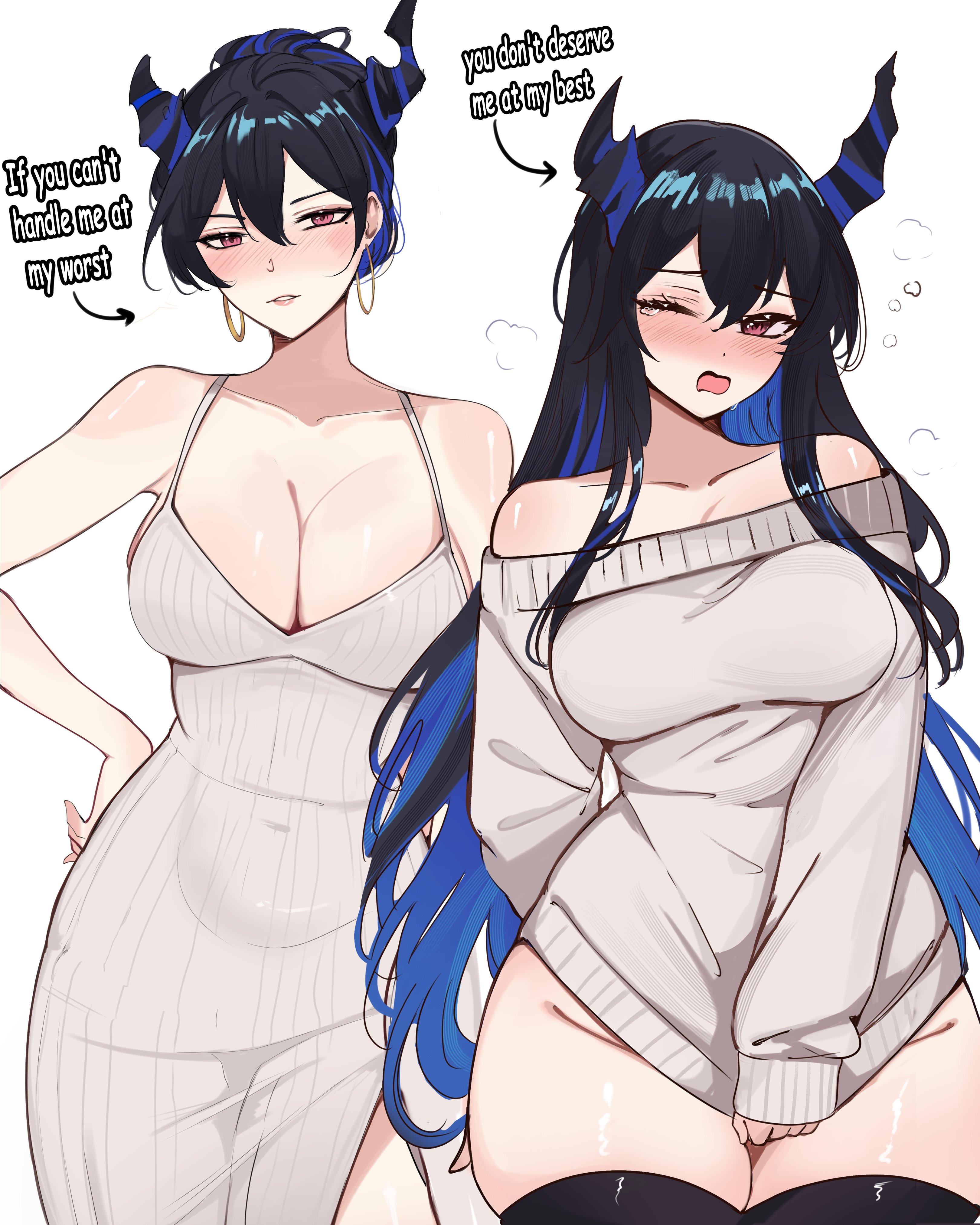 ;o, absurdres, alternate costume, alternate hairstyle, bare arms, bare shoulders, black hair, black horns, blue hair, blue horns, blush, breasts, cleavage, clothes tug, collarbone, commentary, covered navel, demon horns, dongtan dress, double-parted bangs, dress, earrings, english commentary, female, grey dress, hair between eyes, hair bun, hair up, hand on own hip, highres, hololive, hololive english, hololive english -advent-, hoop earrings, horns, impossible clothes, impossible dress, jewelry, large breasts, looking at viewer, low neckline, meeko illus, mole, mole under eye, multicolored hair, multicolored horns, multiple views, nerissa ravencroft, one eye closed, paid reward available, parted lips, purple eyes, side slit, simple background, sleeveless, sleeveless dress, spaghetti strap, speech bubble, streaked hair, sweater, sweater tug, taut clothes, taut dress, tight clothes, tight dress, two-tone hair, virtual youtuber, white background, wide hips