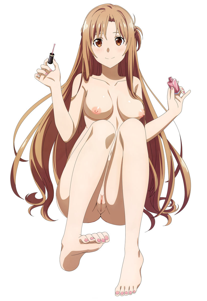 1girls, barefoot, breasts, completely nude, feet, female, happy, legs, medium breasts, nude, nude filter, solo, solo female, sword art online, third-party edit, toes, yuuki asuna