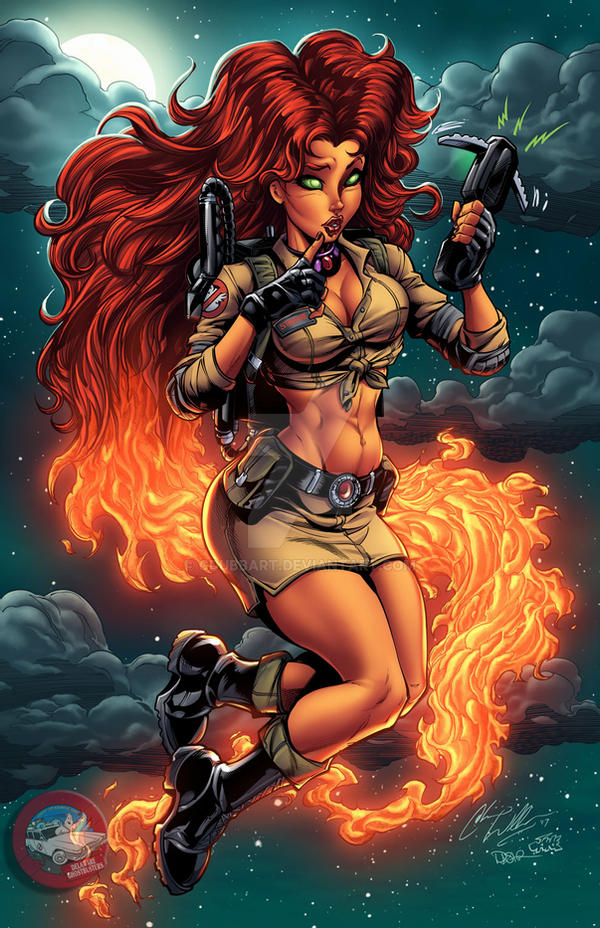 1girls bare_midriff cdubbart cleavage danielle_st._pierre dc female_only ghostbusters green_eyes jake_isenberg koriand'r orange_skin pinup red_hair solo solo_female starfire superheroine tagme thick_thighs thighs tied_shirt