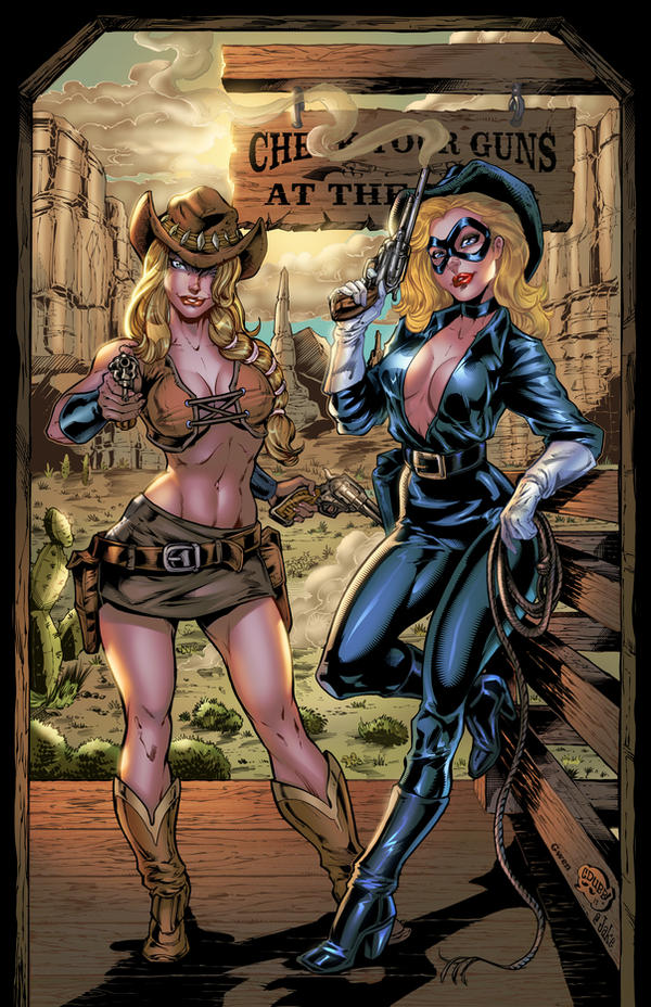 2girls alternate_version_available big_breasts black_phantom blonde_hair cdubbart cleavage female_only gun gwenaelle_daligault jake_isenberg marvel outlaw_(inez_temple) tagme thighs