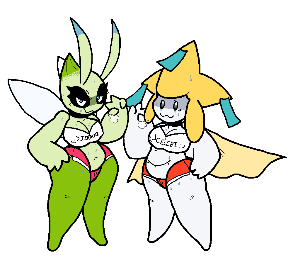 anthro bahamutgreen belly belly_button breasts celebi chubby crop_top eyelashes female jirachi nintendo pokémon_(species) pokemon pokemon_(species) shorts shortstack smiling_at_viewer sweat sweatdrop text thick_thighs