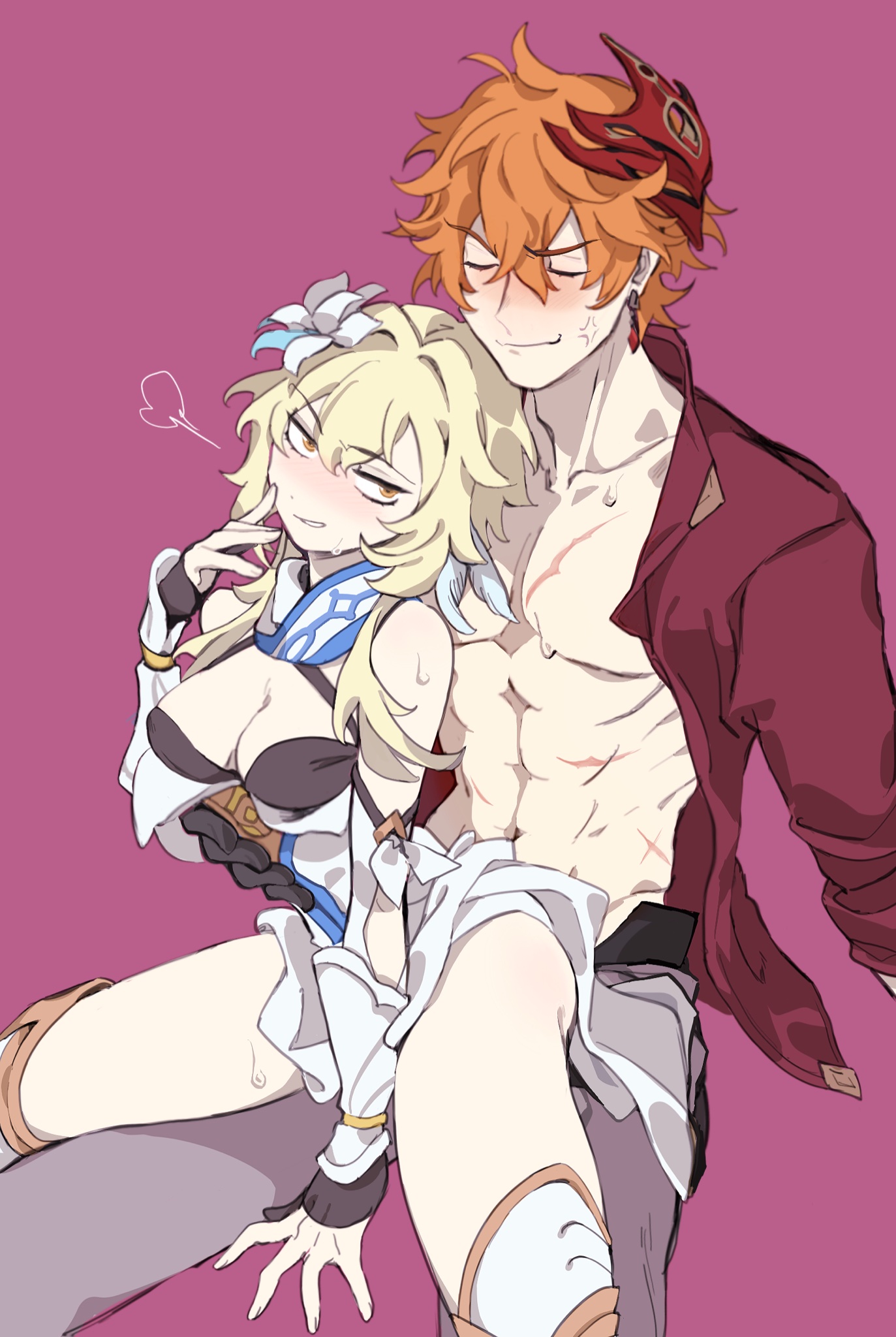 =3, 1boy, 1girls, abs, anger vein, bangs, black bra, black gloves, blonde hair, blush, bra, breasts, childe (genshin impact), closed eyes, cowgirl position, english commentary, eyebrows visible through hair, fanon couple, female, fingerless gloves, genshin impact, gloves, hair between eyes, highres, hilimuc, hoyoverse, implied sex, jewelry, lumine (genshin impact), male, mask, mask on head, medium breasts, mihoyo, open clothes, open shirt, orange hair, pants, pink background, reverse cowgirl position, scar, scar on chest, sex, shirt, short hair with long locks, simple background, single earring, sitting, stealth sex, straddling, straight, sweat, tartaglia (genshin impact), underwear, yellow eyes