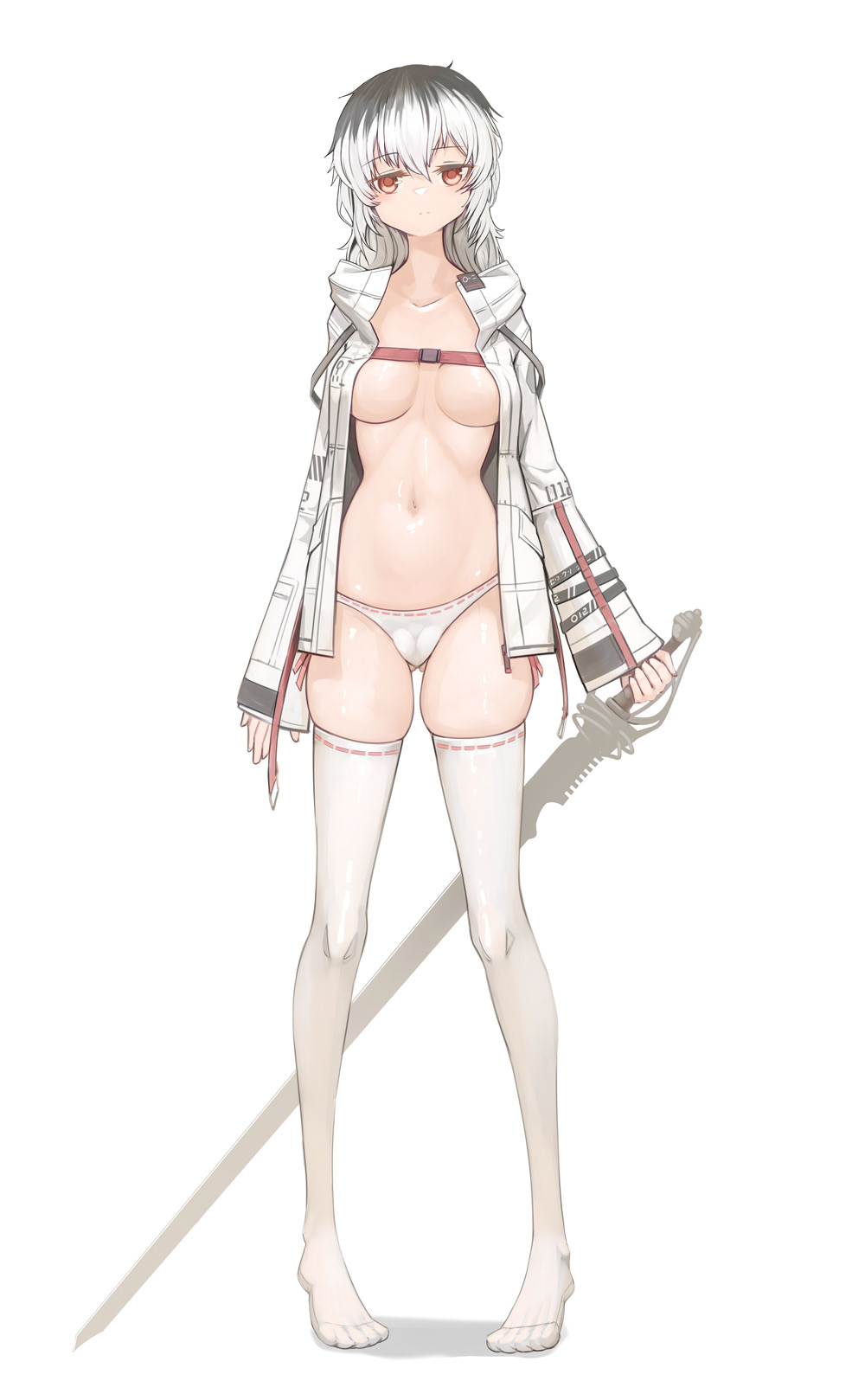 big_breasts cameltoe feet genek jacket jacket_only long_sleeves looking_at_viewer open_clothes open_jacket orange_eyes panties slim_waist socks stockings sword teenager thick_thighs thighhighs white_hair