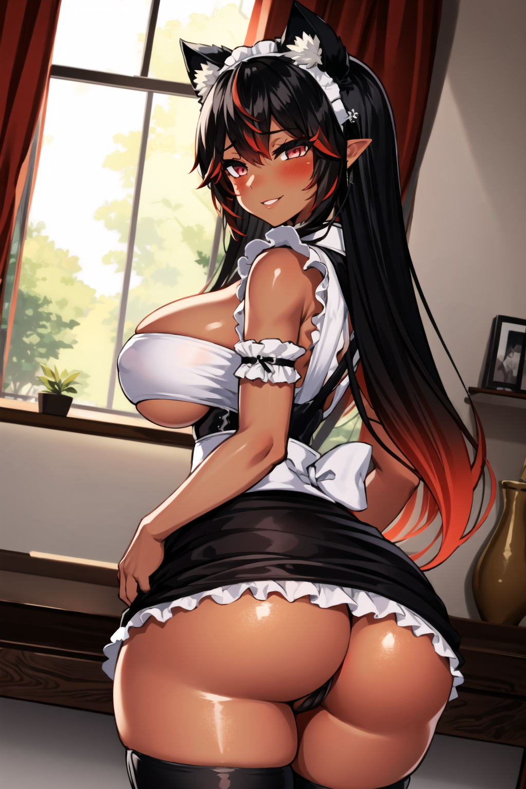 1girls accessories accessory ai_art ai_edit ai_generated ai_hands anime_style arms ass ass_focus athletic athletic_female back_view bangs bare_arms big_ass black_hair black_panties blush blushing_profusely breasts breasts_out cat_ears catgirl covered_nipples curvy curvy_body curvy_female curvy_figure curvy_thighs dark-skinned_female dark_red_hair elf_ears female female_ass female_only fingers fit fit_female huge_ass humanoid jewelry kinky_karma_vr knees legs light long_hair looking_at_viewer looking_back maid maid_headdress maid_outfit maid_uniform massive_thighs mature_female mature_woman megazard messy messy_hair no_bra no_pants panties pierced_ears piercing piercings pink_eyes pose posing red_hair shiny shiny_ass shiny_clothes shiny_hair shiny_legs shiny_skin showing_ass showing_off skirt_lift skirt_up smile smiling smiling_at_viewer solo standing stockings tagme tan_skin tease thick_ass thick_thighs thigh_gap thigh_highs thighhighs thighs thong two_tone_hair wet wet_body white_sclera