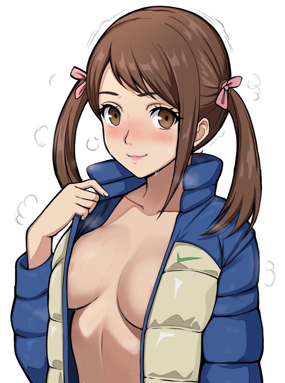 ai_generated bangs blush blushing boob_window brown_eyes brown_hair dojima_nanako lepypepy looking_at_viewer persona persona_4 puffer_jacket removing_clothing sideboob smiling twintails