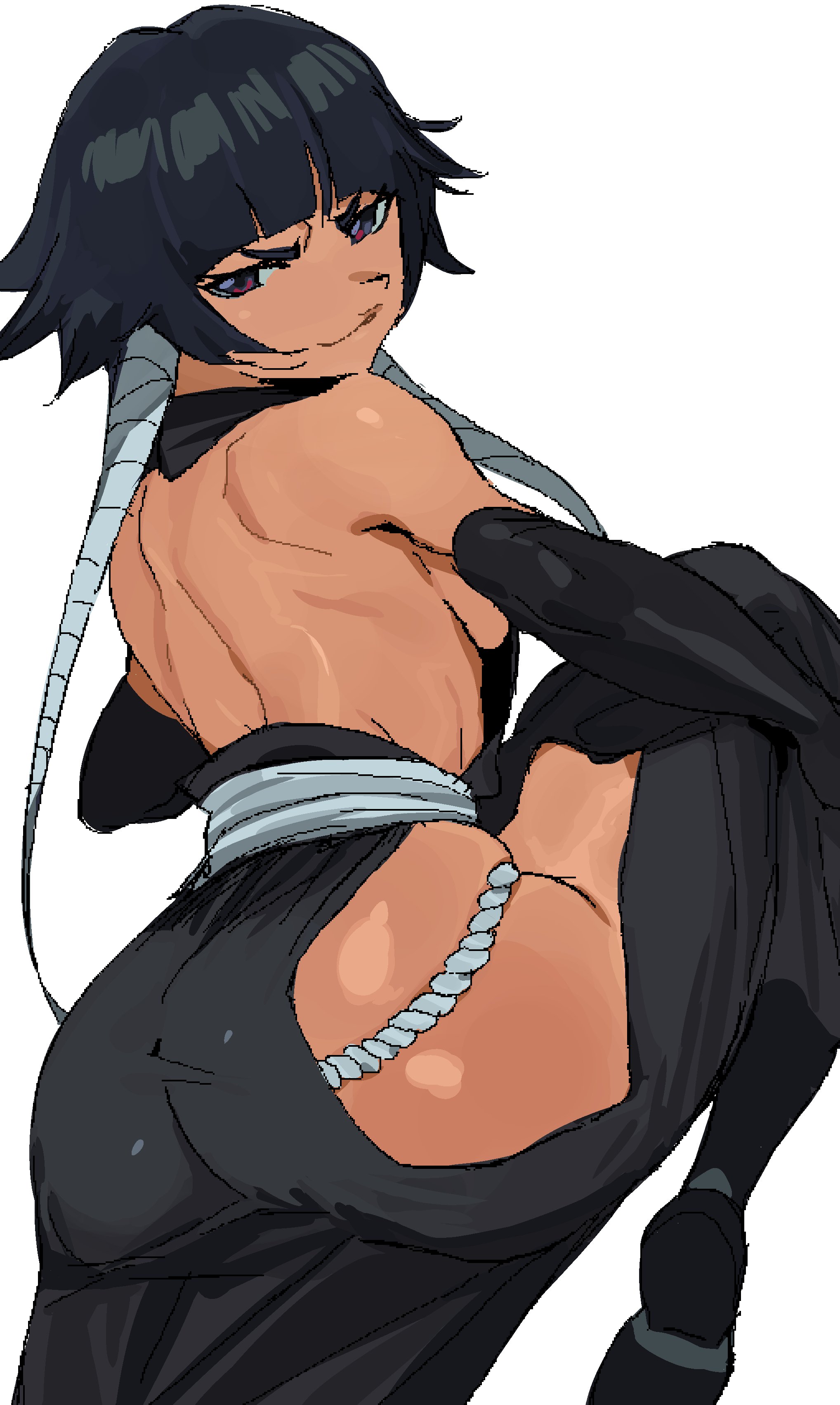 absurdres, back view, bare back, black hair, bleach, blunt bangs, breasts, female, highres, hip vent, leg up, long hair, looking at viewer, looking back, medium breasts, no bra, panties, panty straps, shoulder blades, sideboob, simple background, smile, soifon, solo, sui-feng, underwear, white background, white panties, whoopsatro