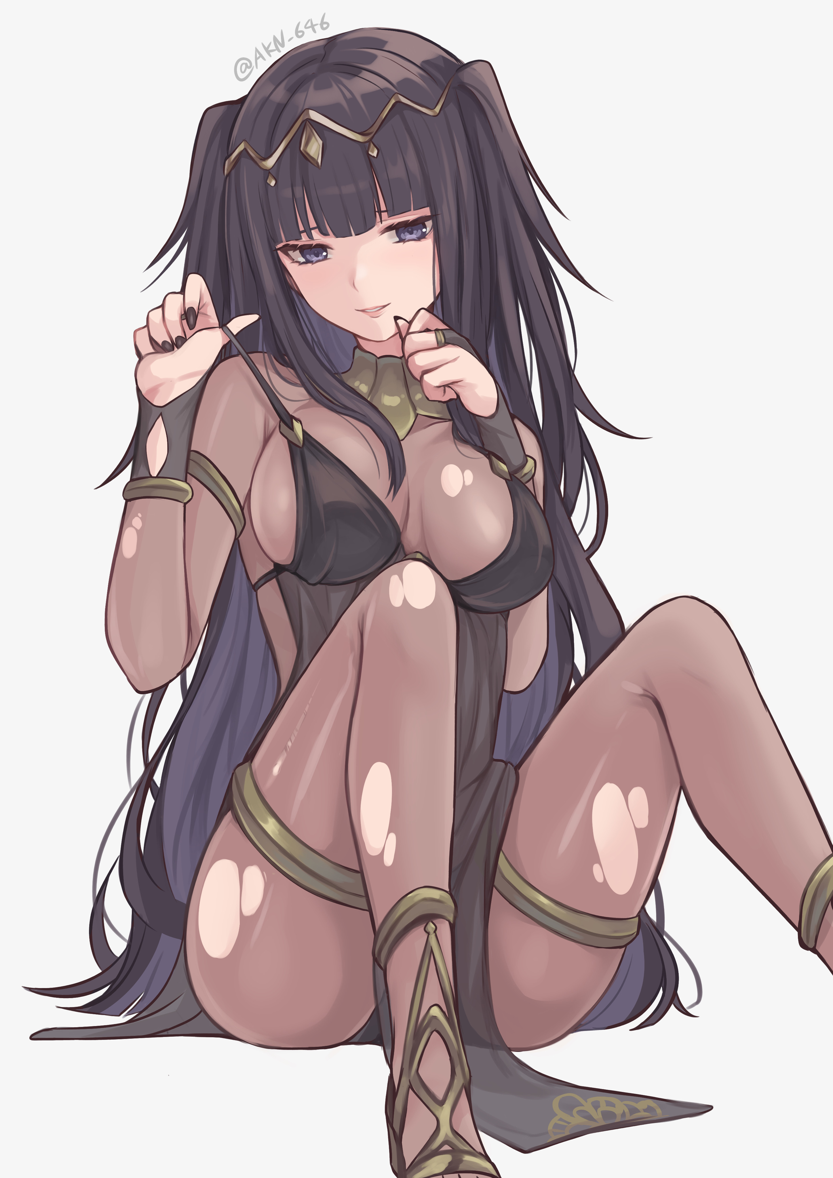 1girls, absurdres, alternate costume, bangs, black hair, blunt bangs, bodystocking, bodysuit, bracelet, breasts, bridal gauntlets, circlet, cleavage, female, female only, fire emblem, fire emblem awakening, highres, jewelry, large breasts, long hair, looking at viewer, medium breasts, nintendo, purple eyes, shimizu akina, smile, solo, solo female, strip tease, teasing, tharja (fire emblem), tiara, torn clothes, torn legwear, two side up, undressing
